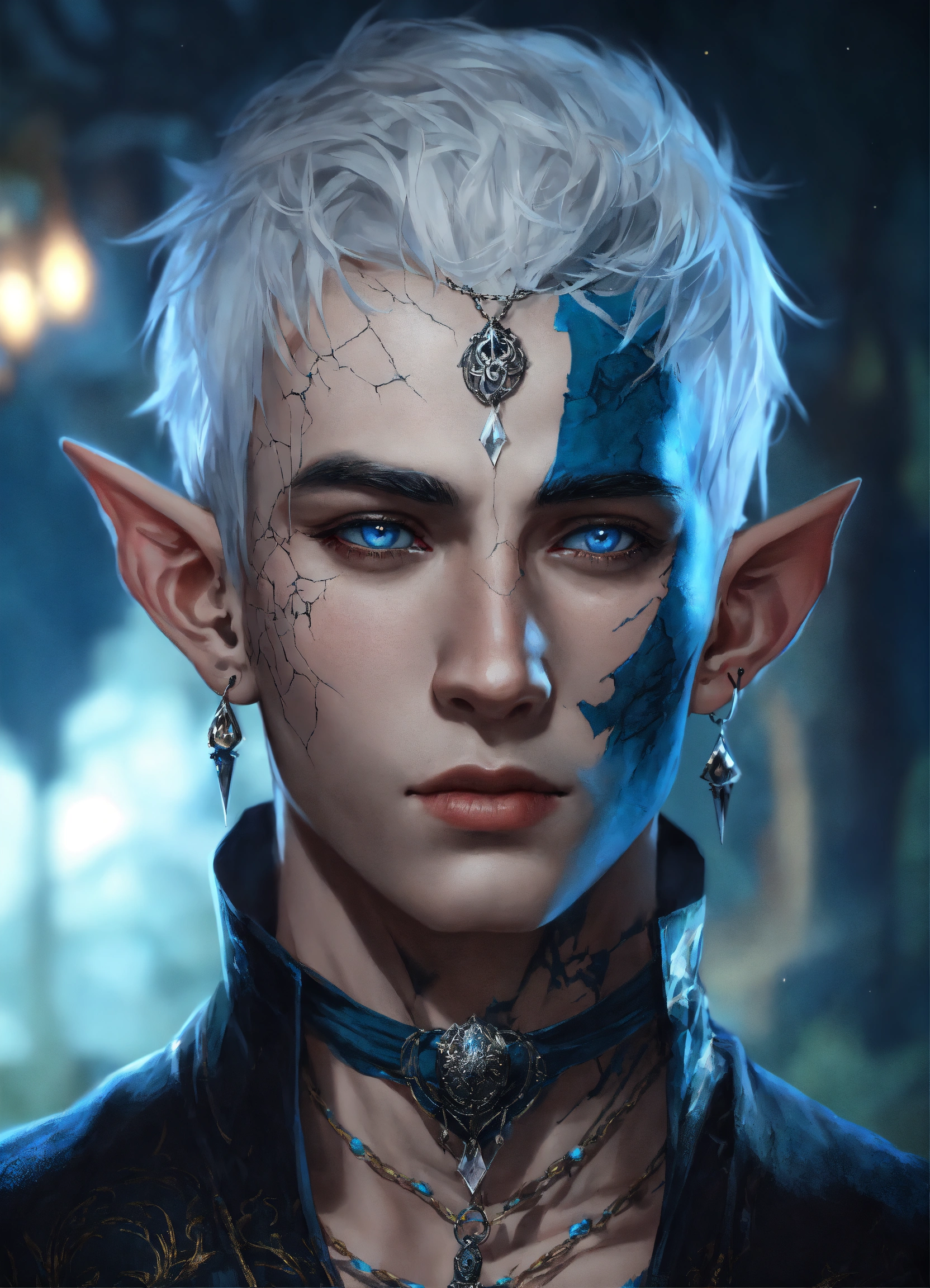Lexica - Torso shot of a tatooed male elf, monk, sickly thin, pale grey ...