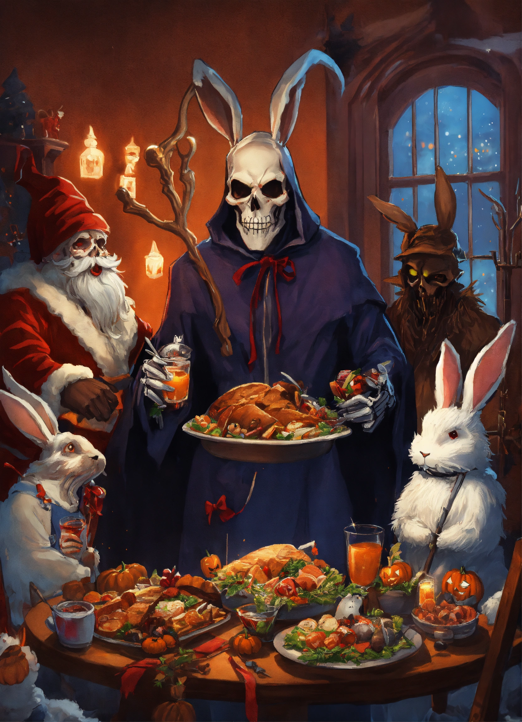 Lexica - Skeletal Grim Reaper in a dark robe, Santa Claus, Halloween ...
