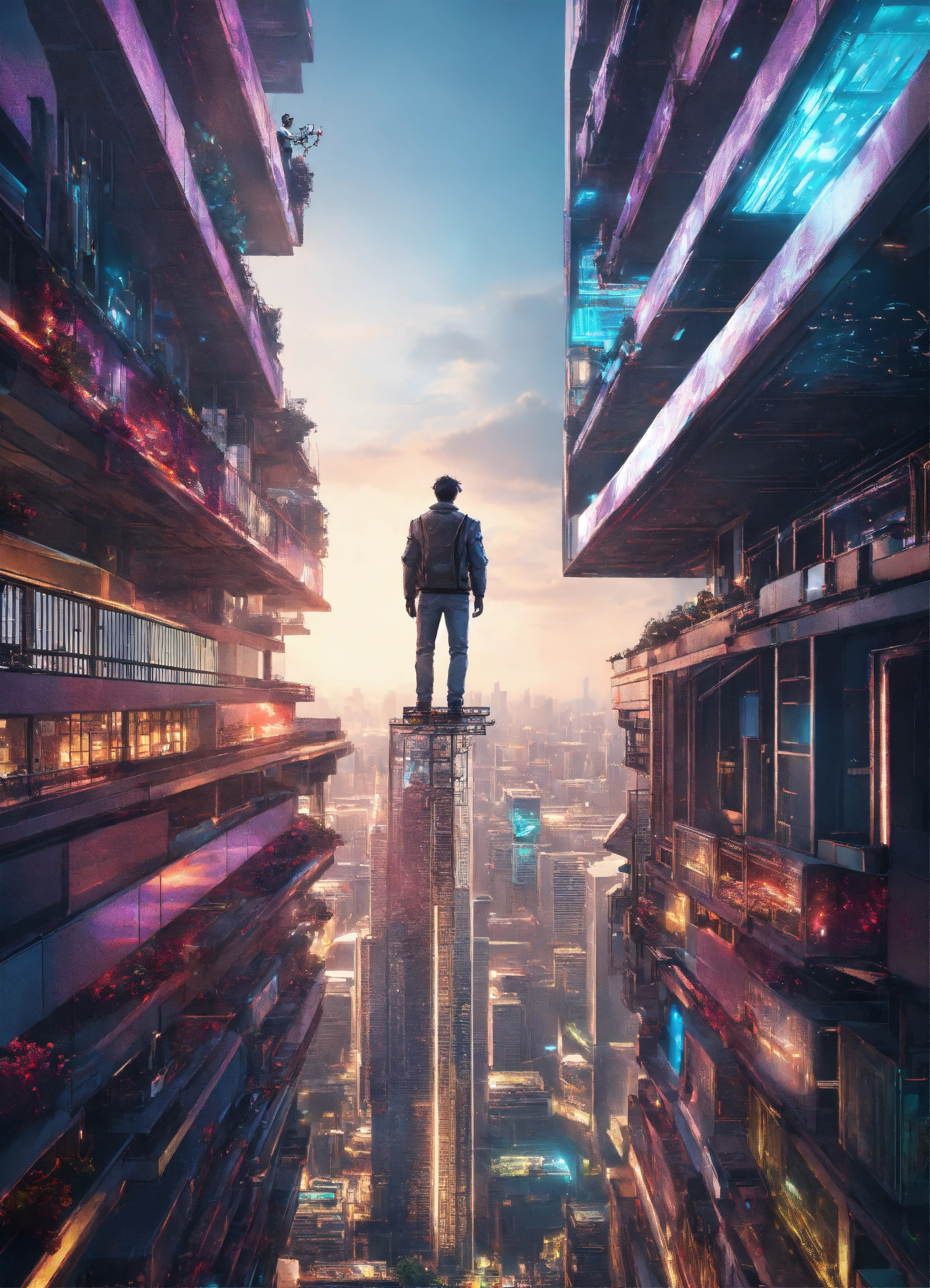 Lexica - Person one top of a building in a futuristic city that it's ...