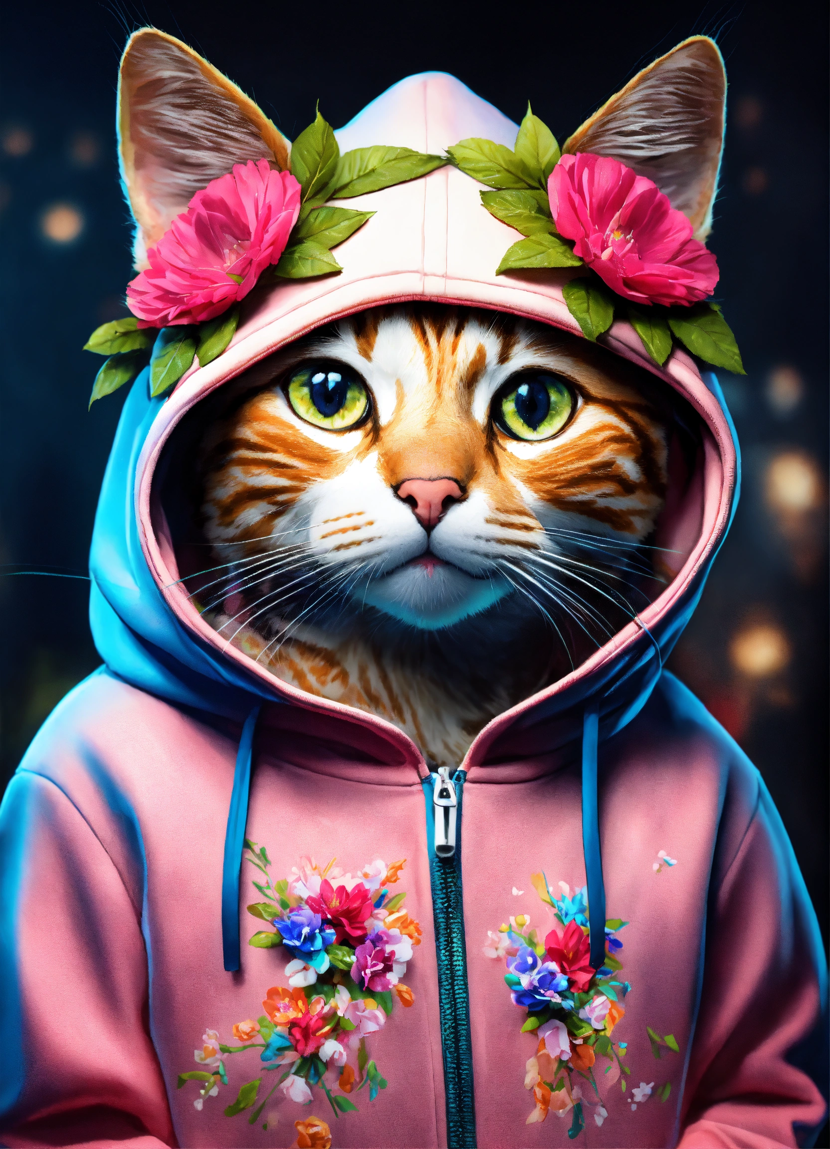 Lexica - Cat wearing embellished hoodie with flowers, 4k