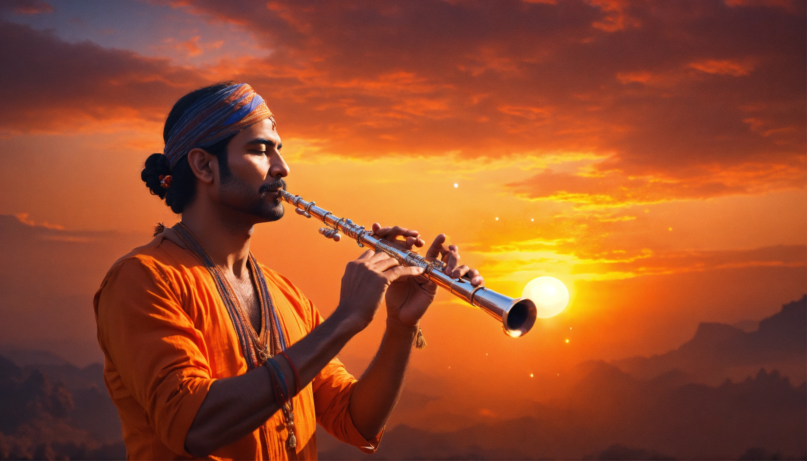 Lexica A handsome man playing indian flute, bright universe, bright orange sunrise,4k