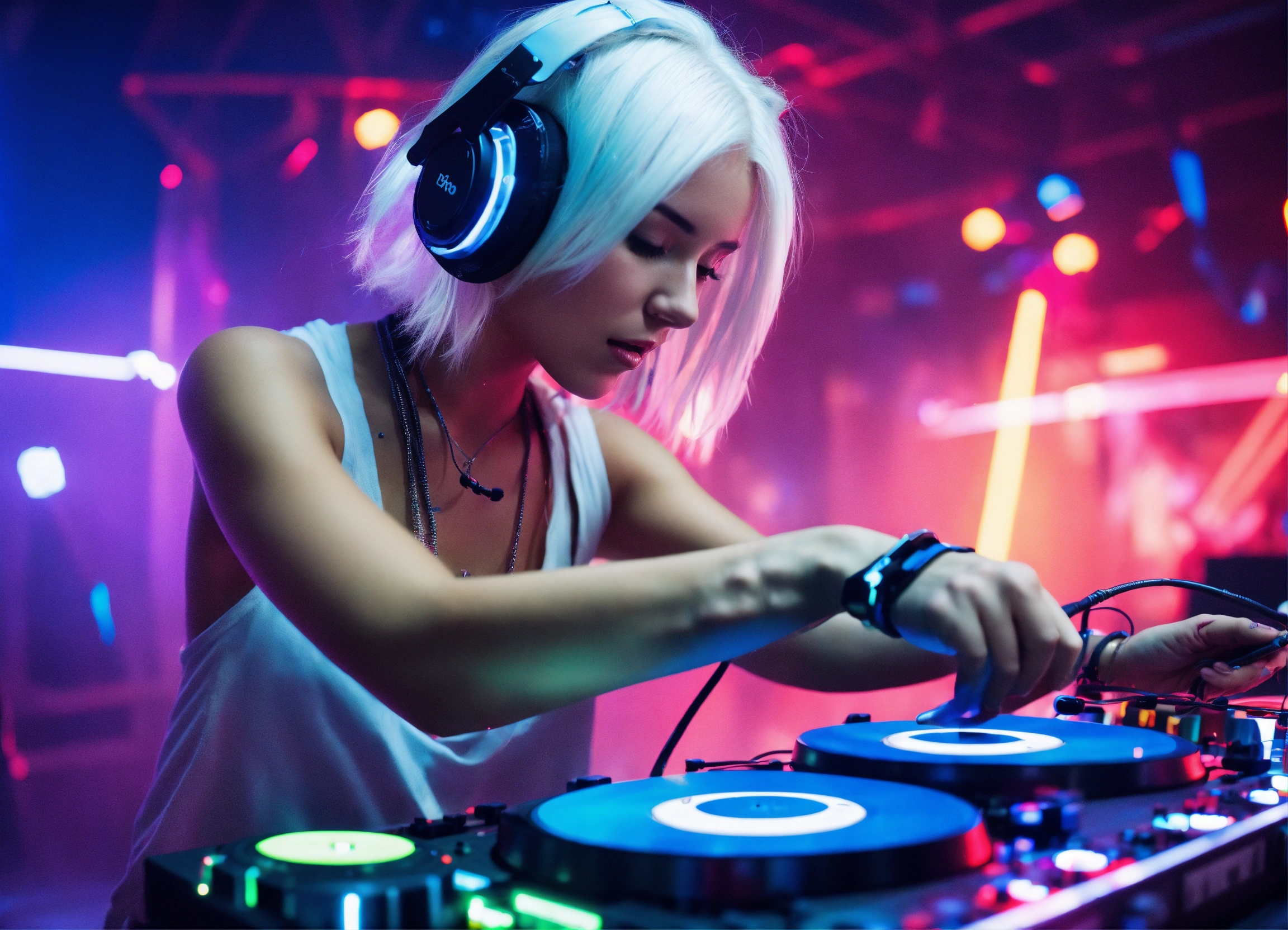 Lexica - A beautiful girl with White hair color playing DJ vibes to ...