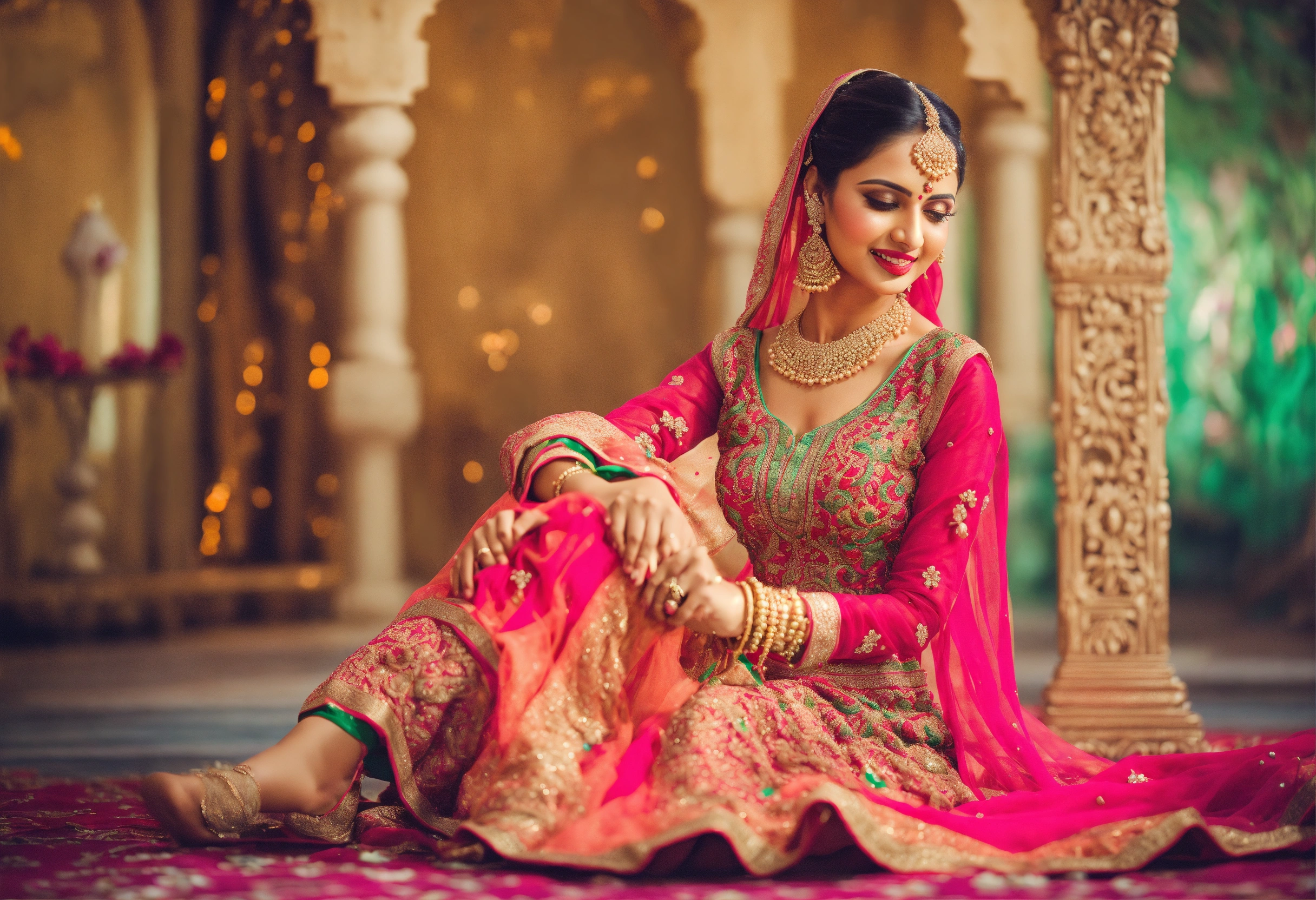 Lexica - Wedding background, beautiful punjabi woman , in colorful salwar  kameez , dancing in a wedding, sitting pose, wearing jwellery