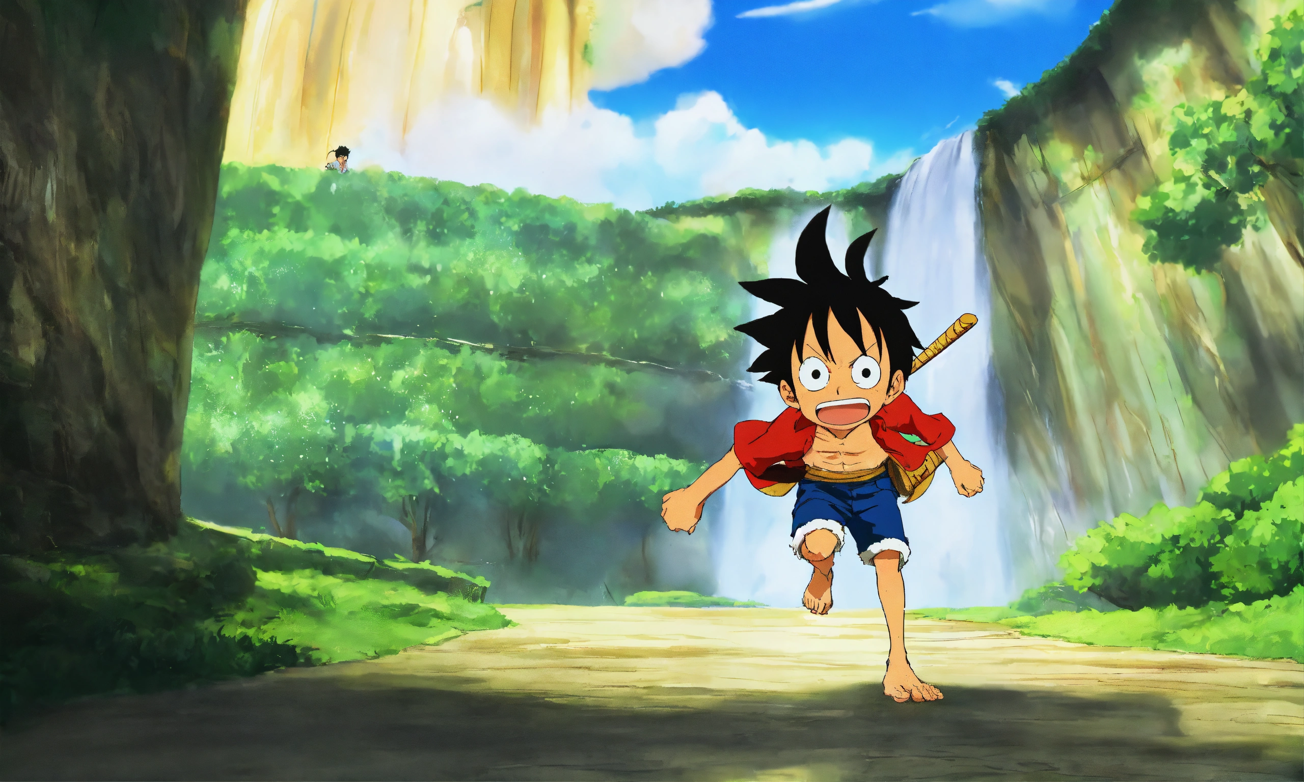 Lexica - Monkey D. Luffy running towards a waterfall in the background