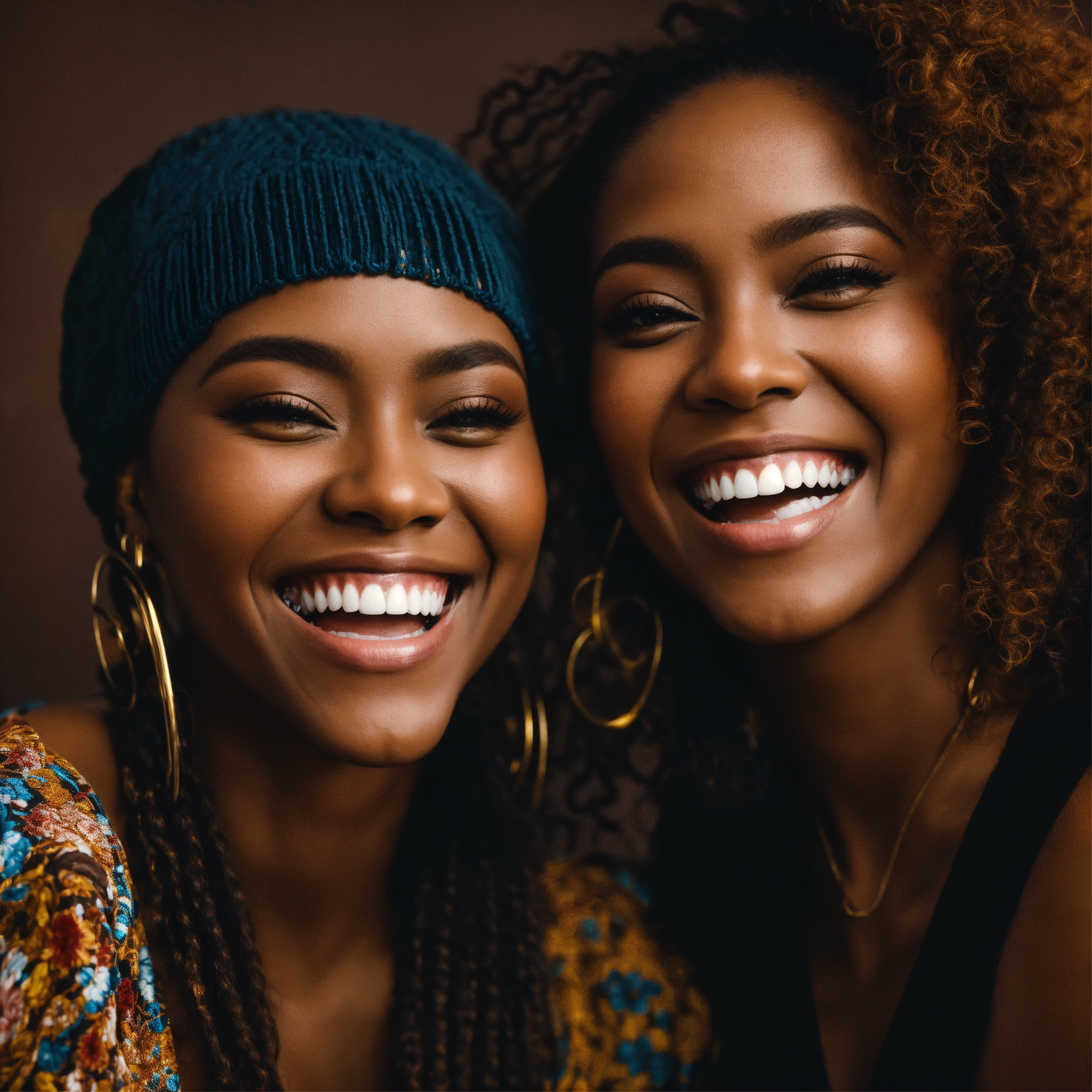 Lexica - Two Black Women Laughing Together, Closeup, Dark Brown Background