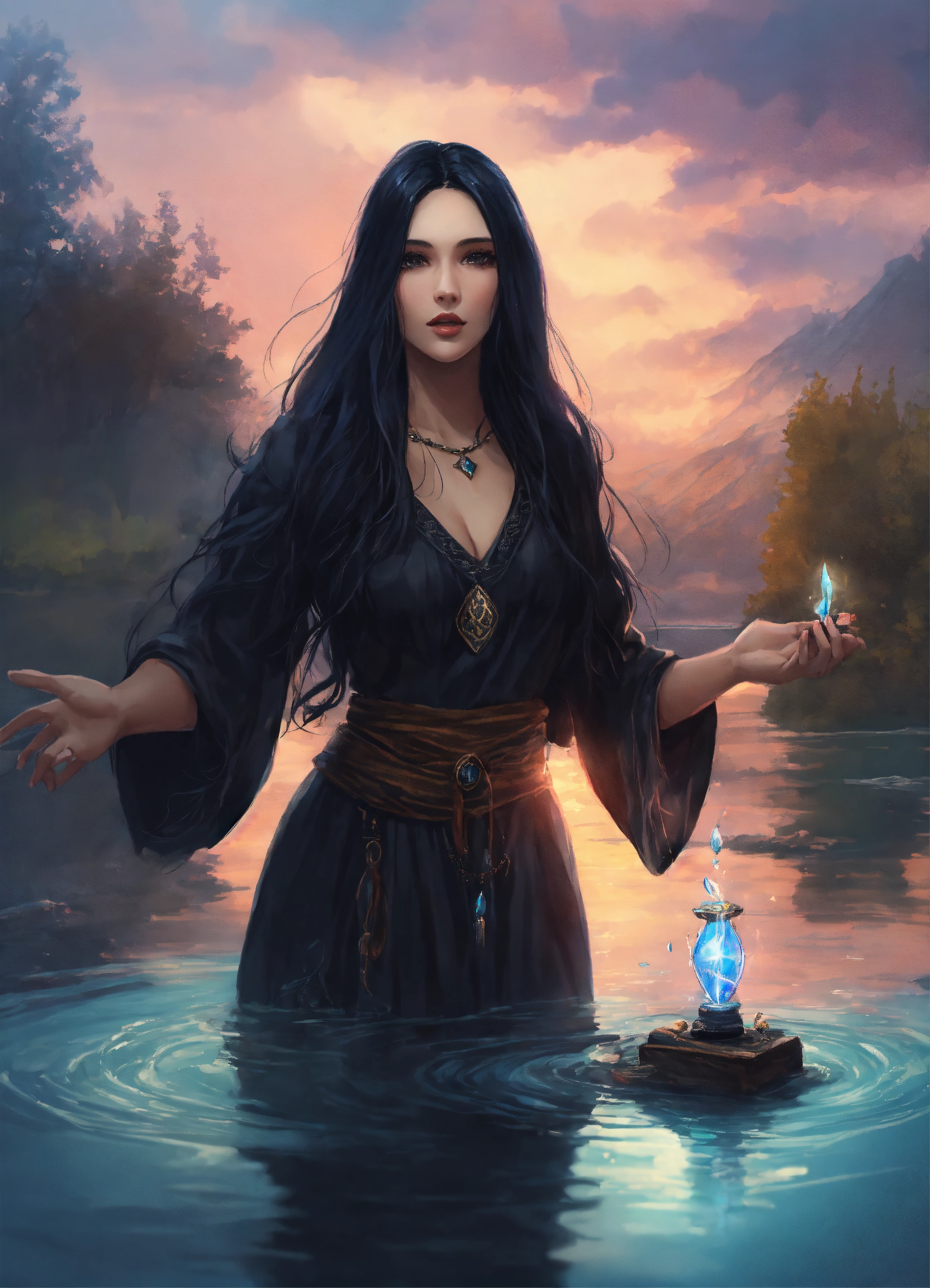Lexica - A beautiful sorceress with long black hair dressed in a black ...