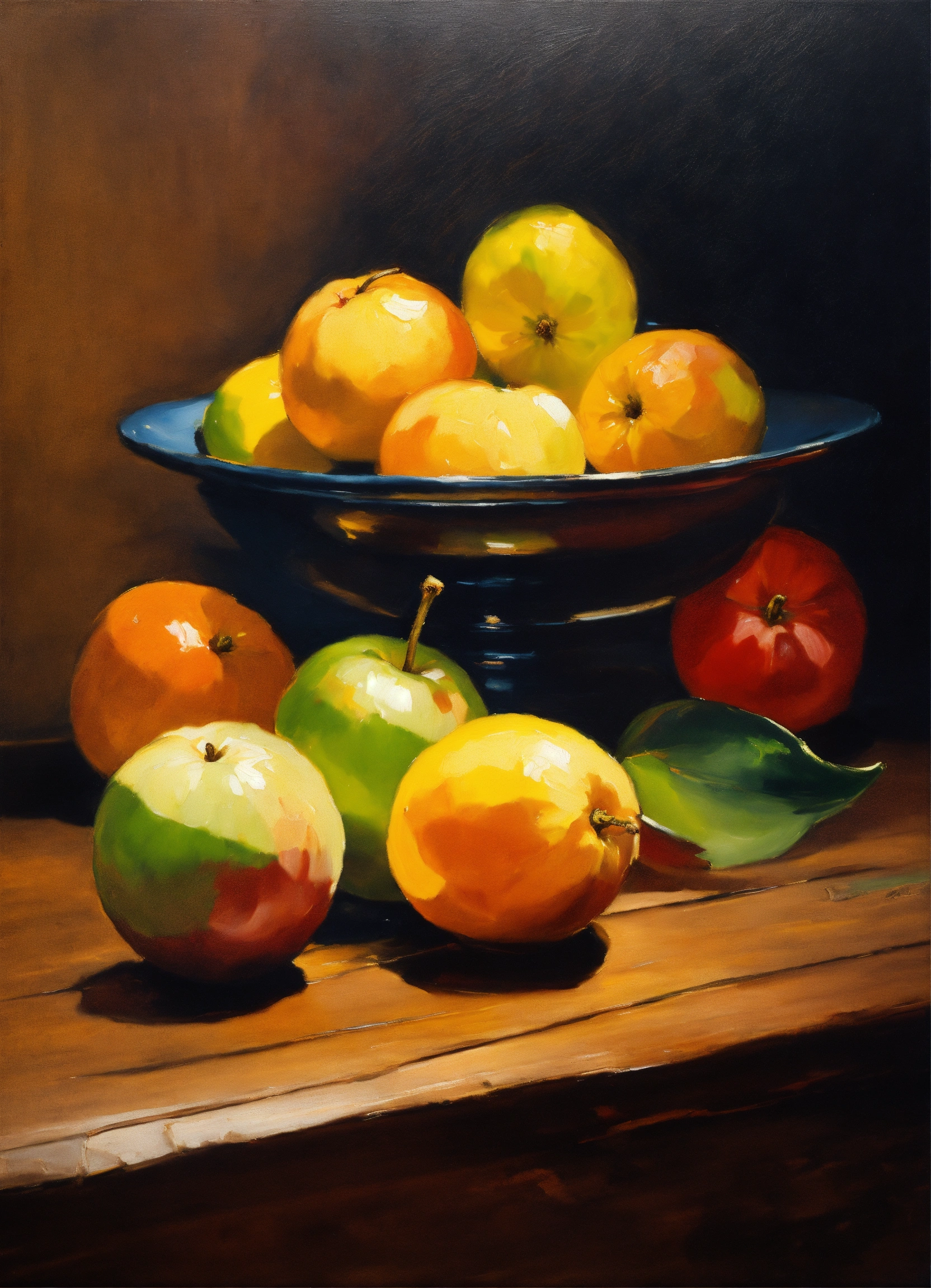 Lexica - Still life oil painting of fruit on a plate on a wooden table ...