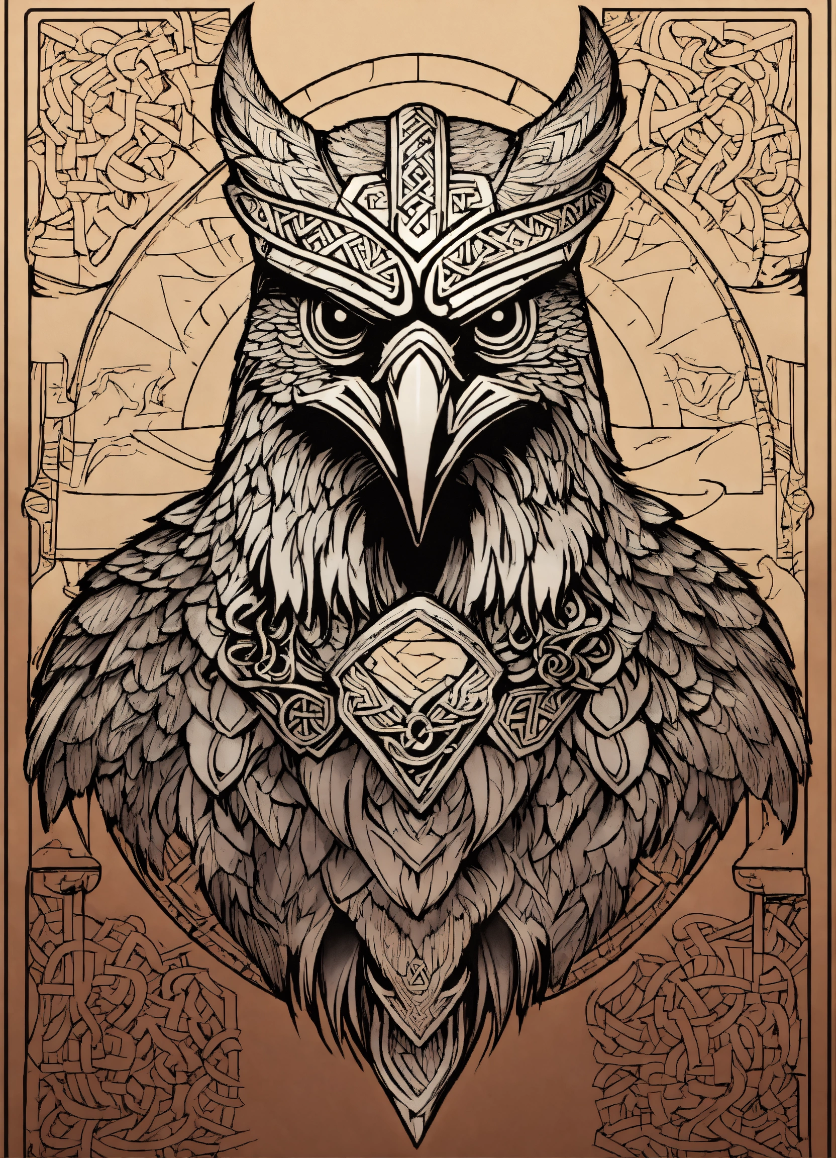 Lexica - Line work style, hawk head, viking runes, viking simbold