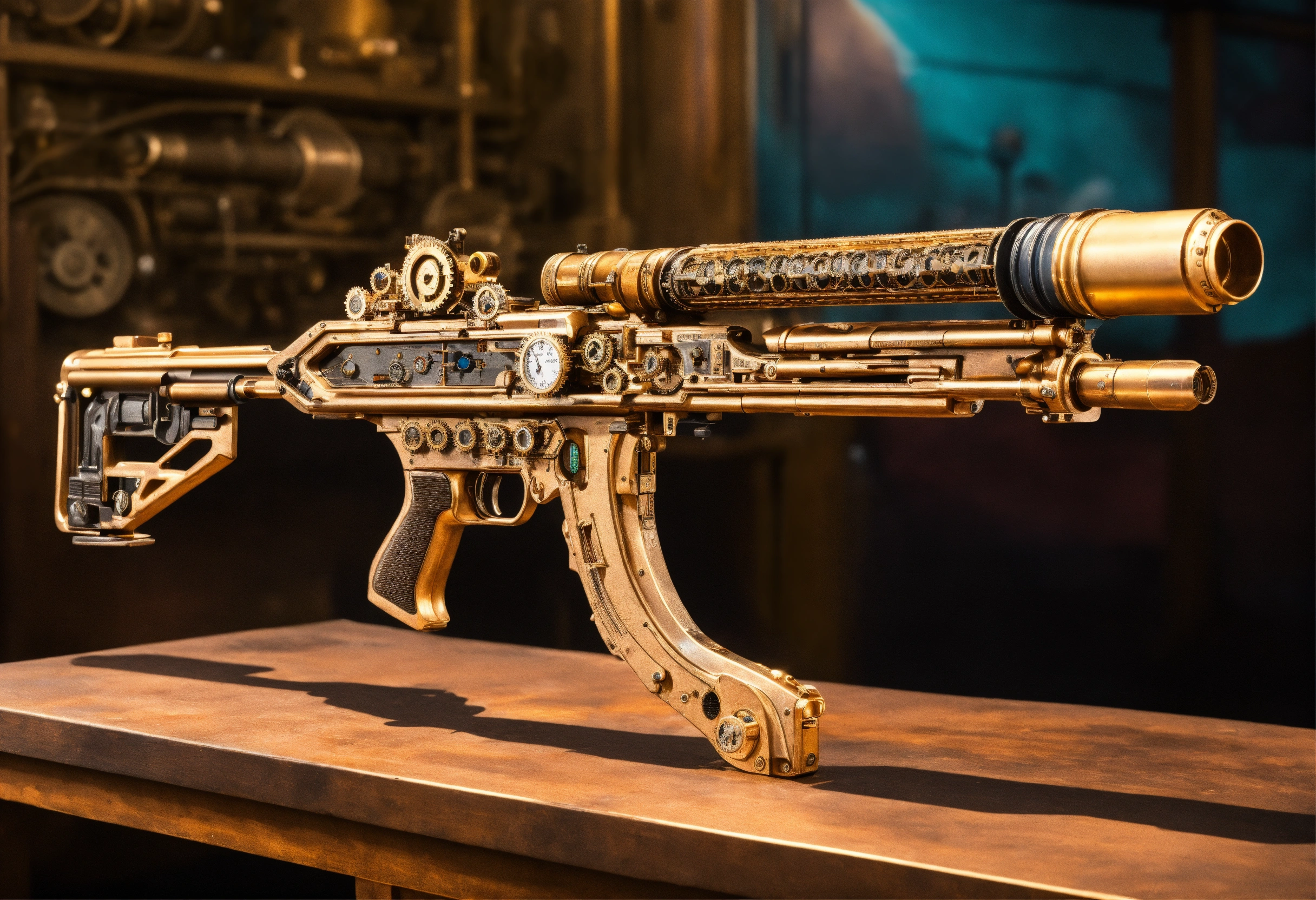 Lexica - Side view of the full image of a steampunk energy rifle