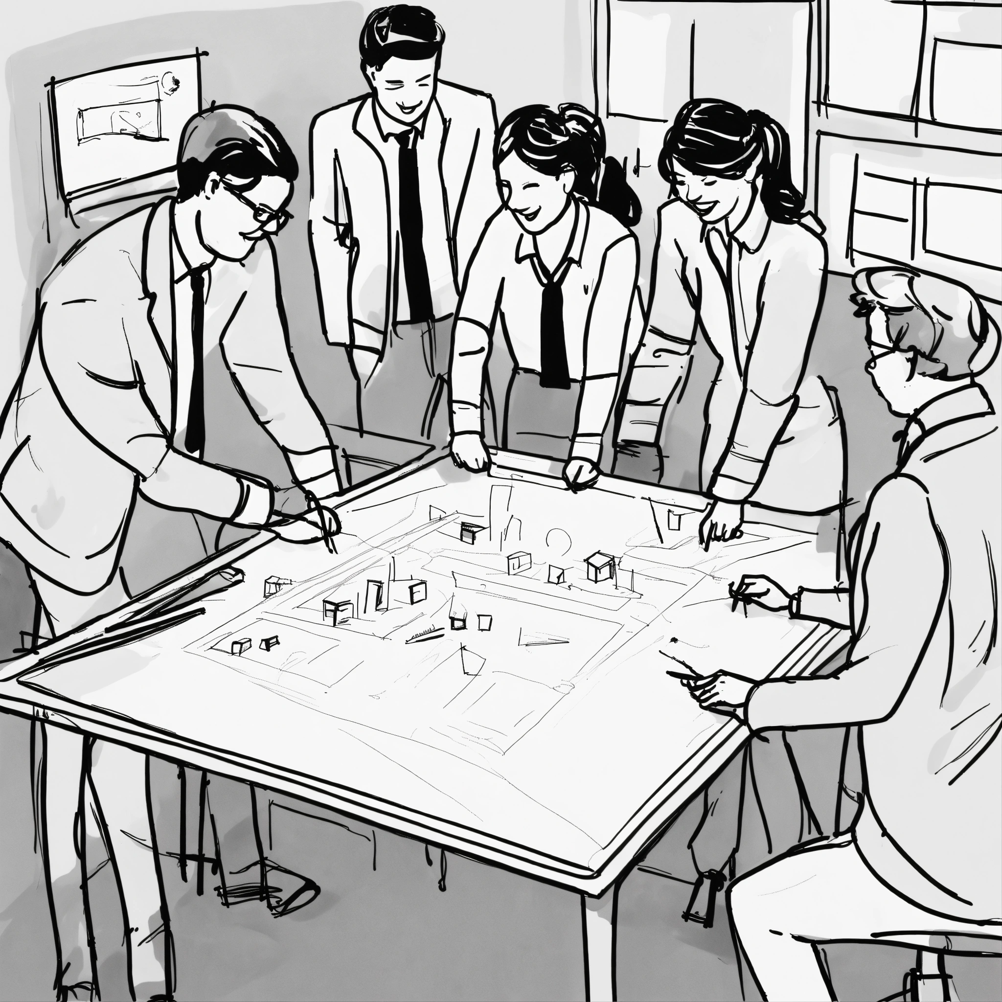 Lexica - Very simple drawing of a cheerful team creating a design on a ...