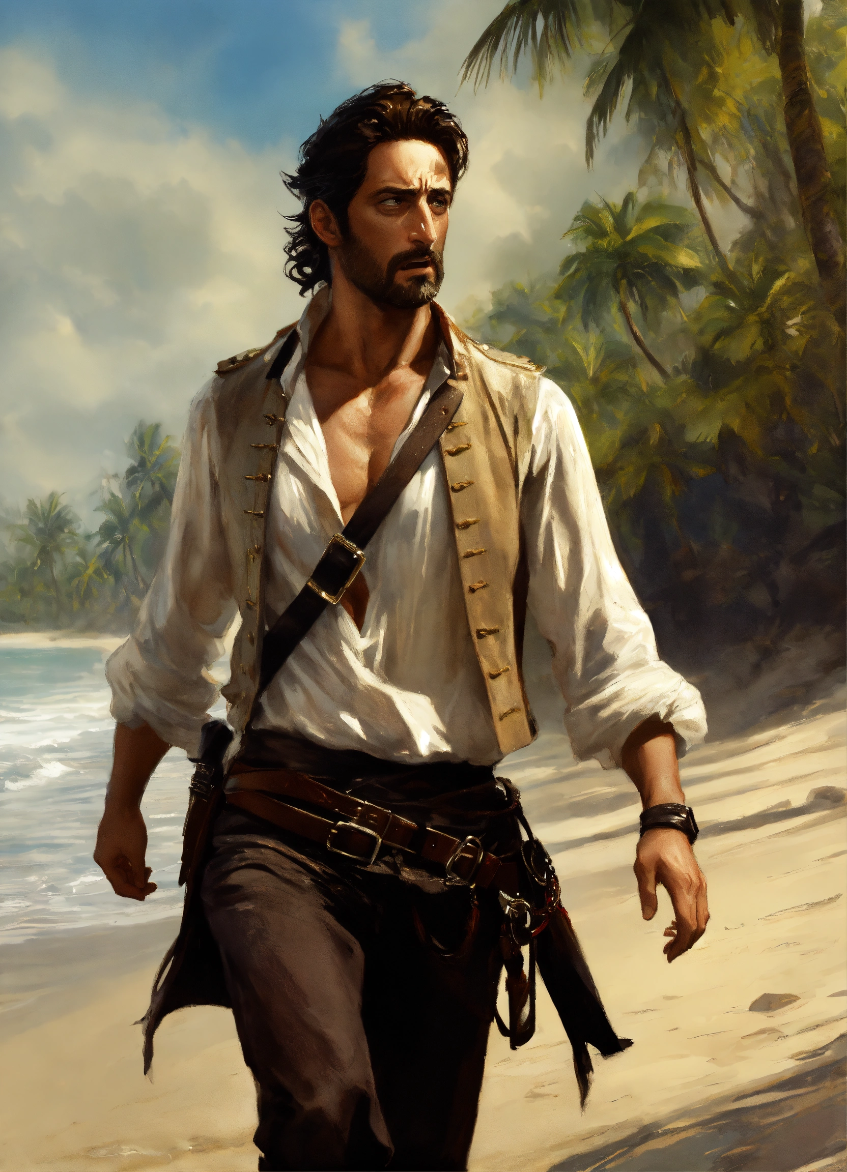 Lexica - 3/4 body shot, Adrian brody As a skinny veteran male pirate ...