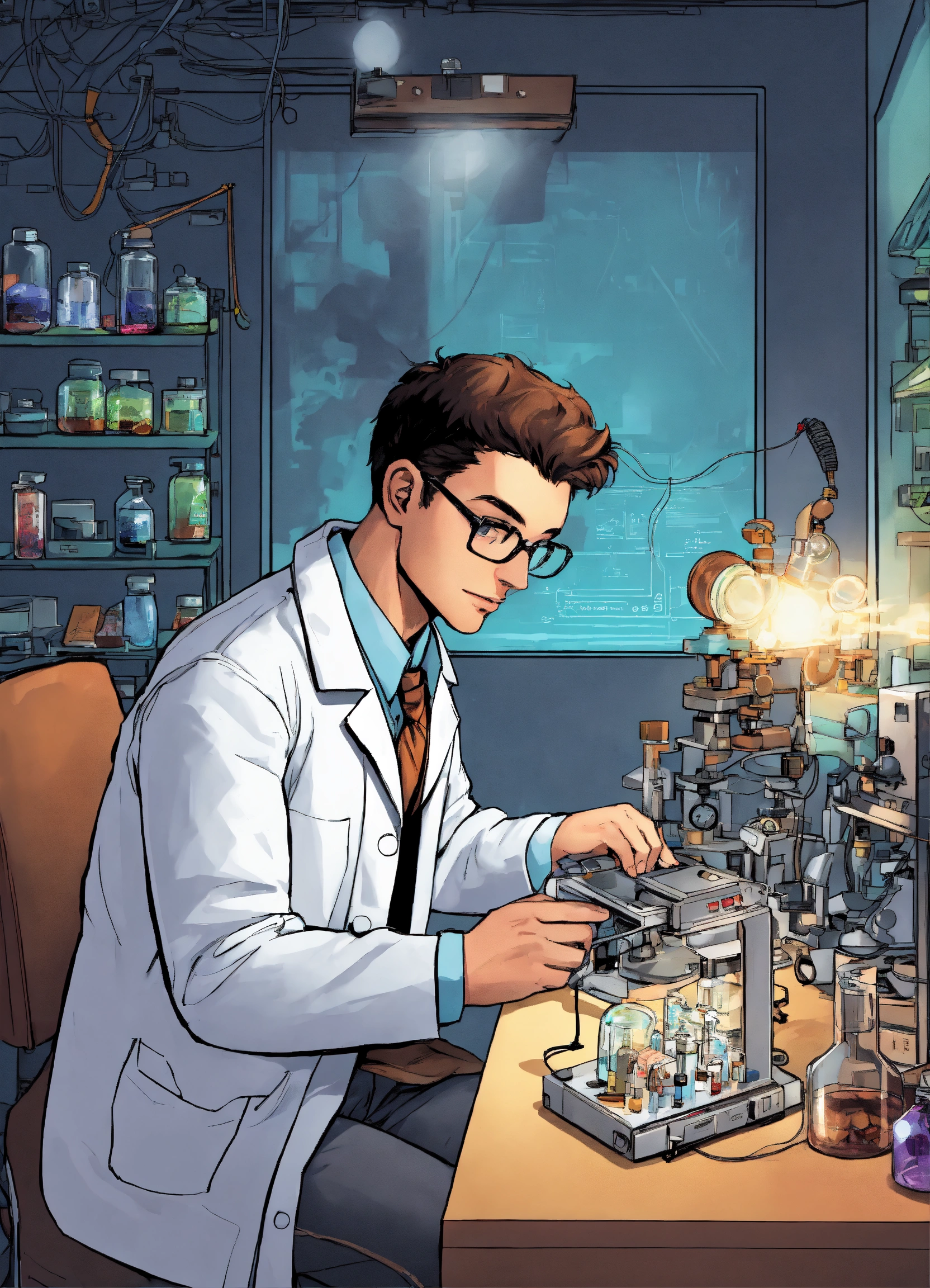 Lexica - Comic A young scientist is shown in his lab, working on ...