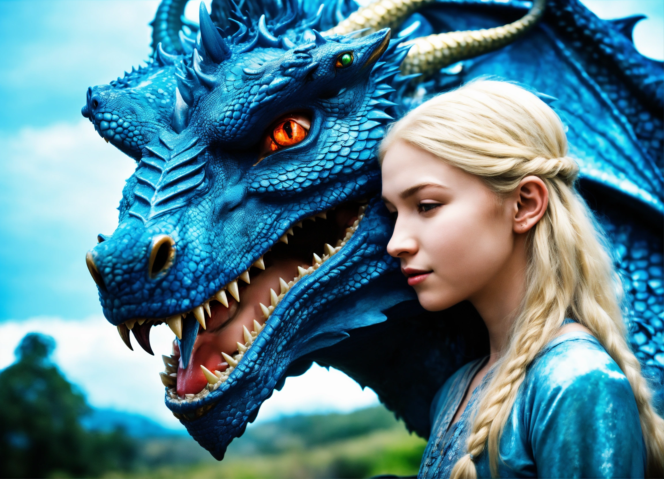 Lexica - Terrifying giant blue dragon head with a beautiful 15 year old ...