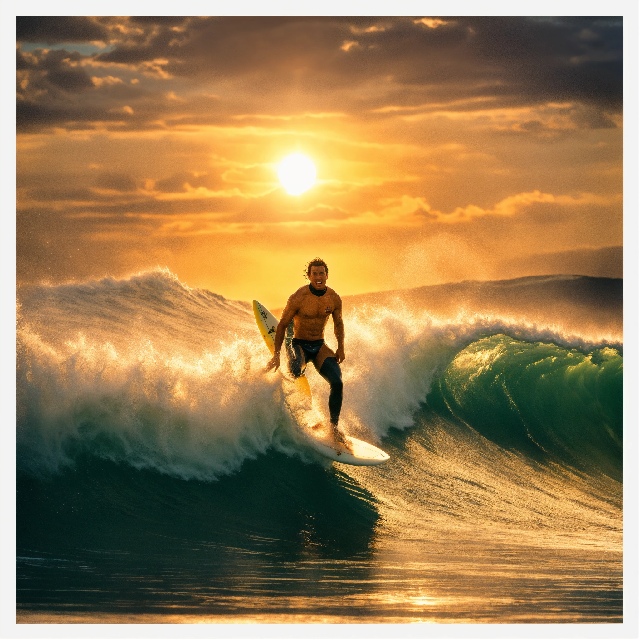 Lexica - A hyperrealistic image of a surfer riding a tsunami. There is ...