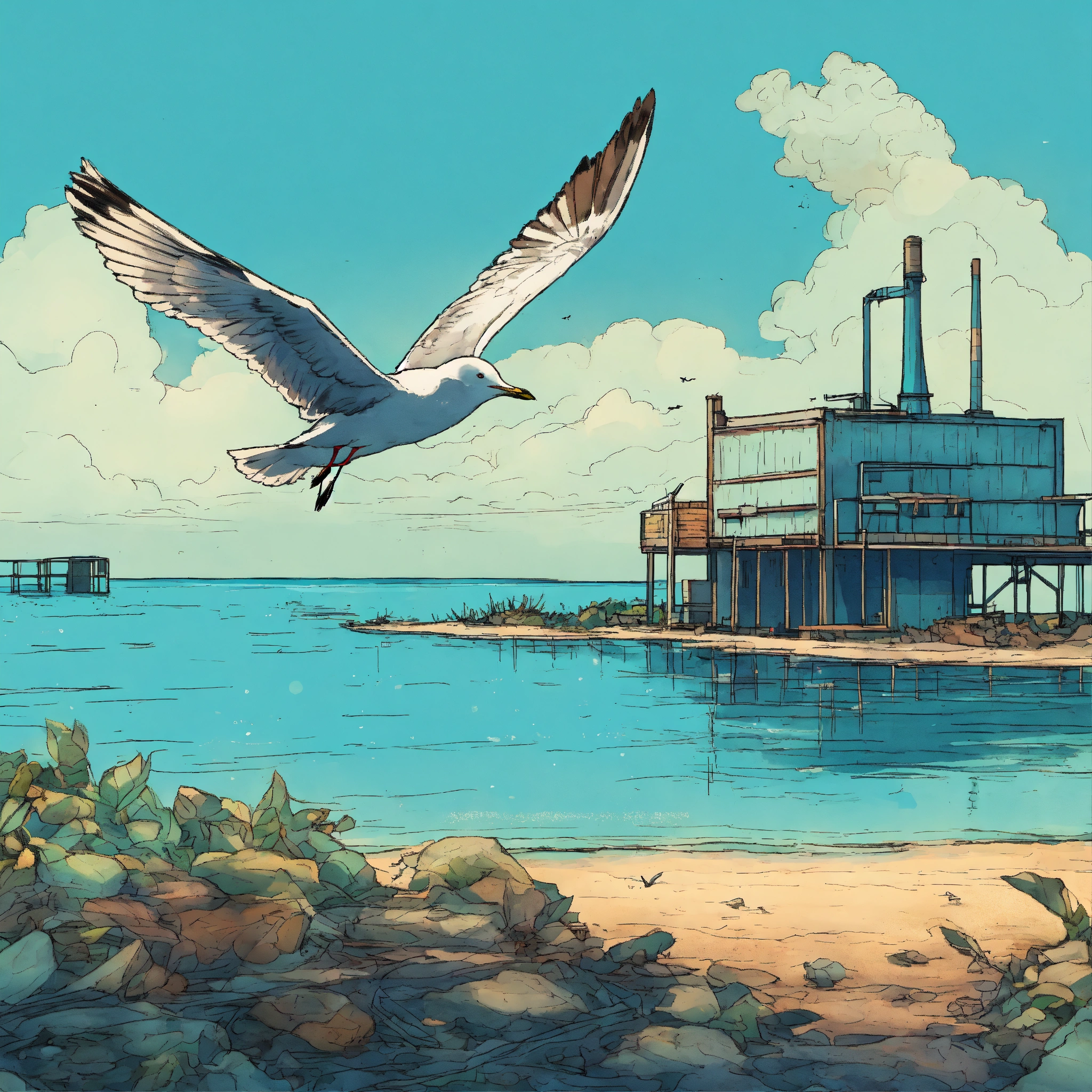 Lexica - A little seagull flying over an abandonned factory atoll beach ...