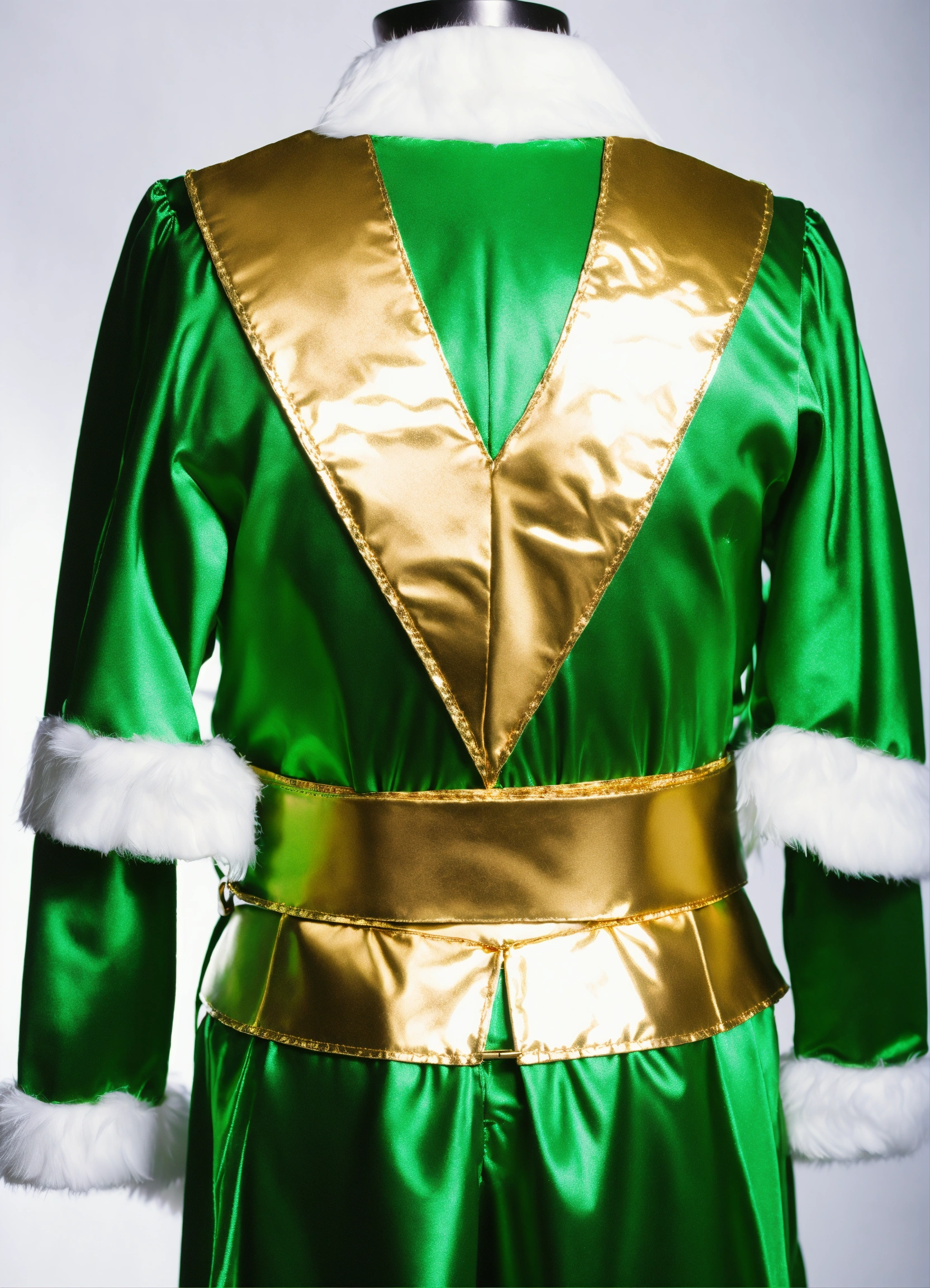 Lexica - Christmas elf costume, gold belt, green and white, close up, back