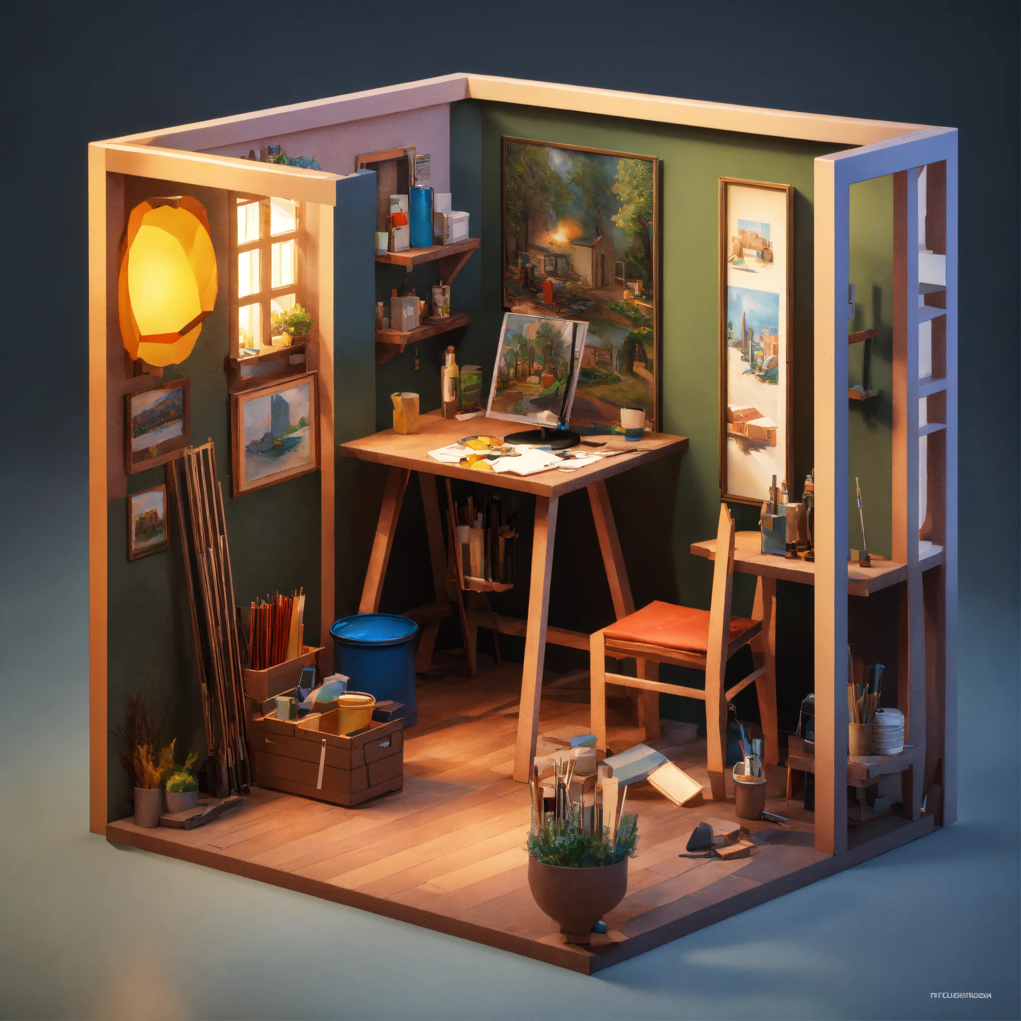 Lexica - Cube cutout of an isometric oil painters studio, 3d art ...
