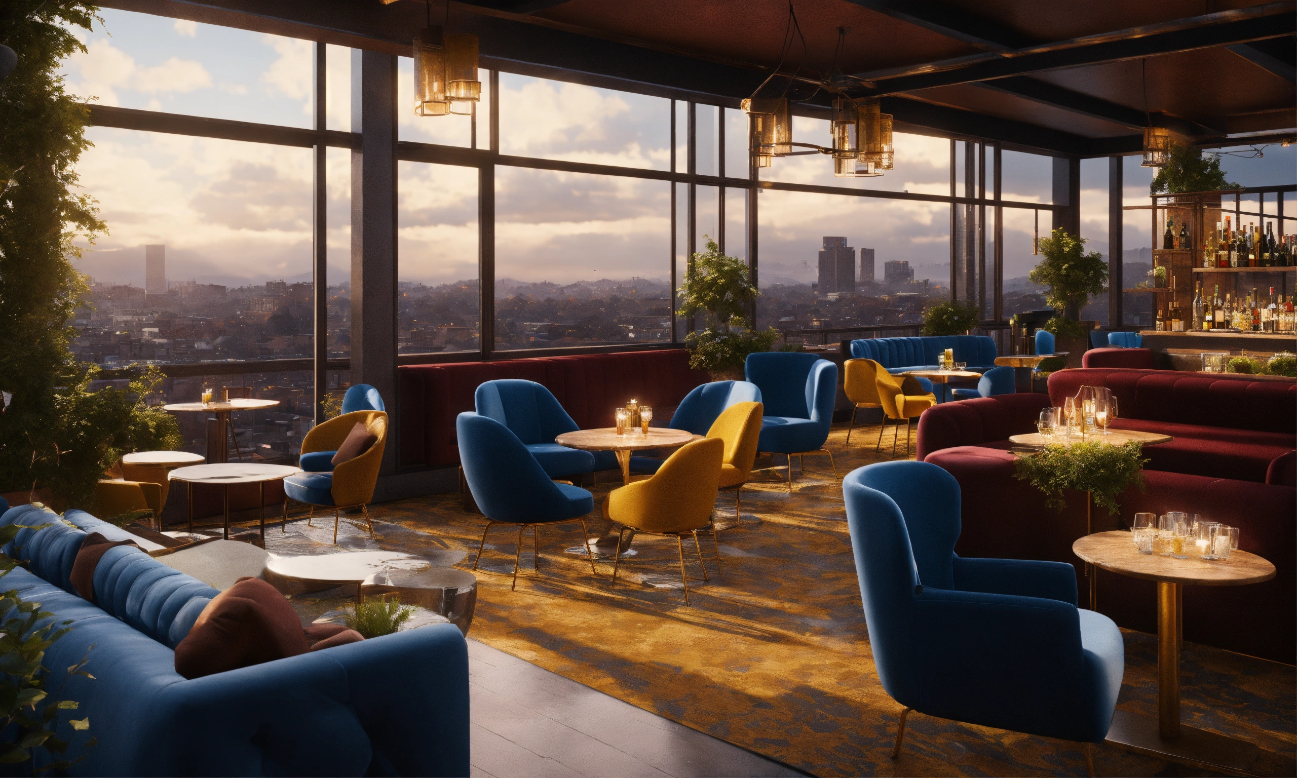 Lexica - A rooftop bar with blue chairs in large windows, in the style ...
