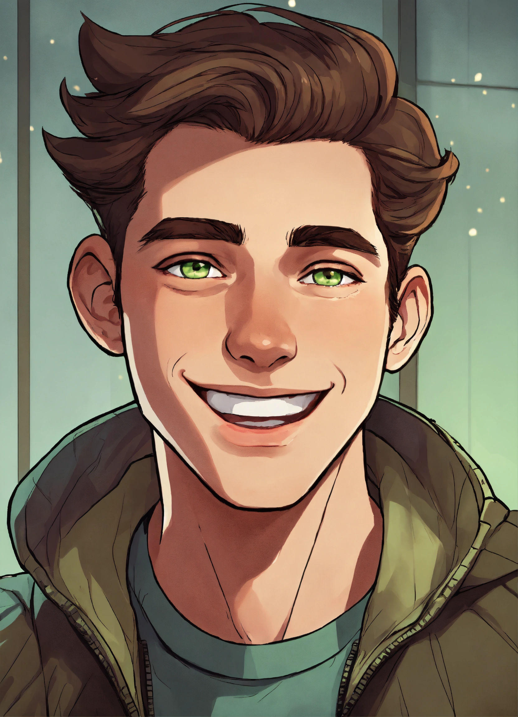 Lexica - Young man with dark brown hair with a parting, gray green eyes ...