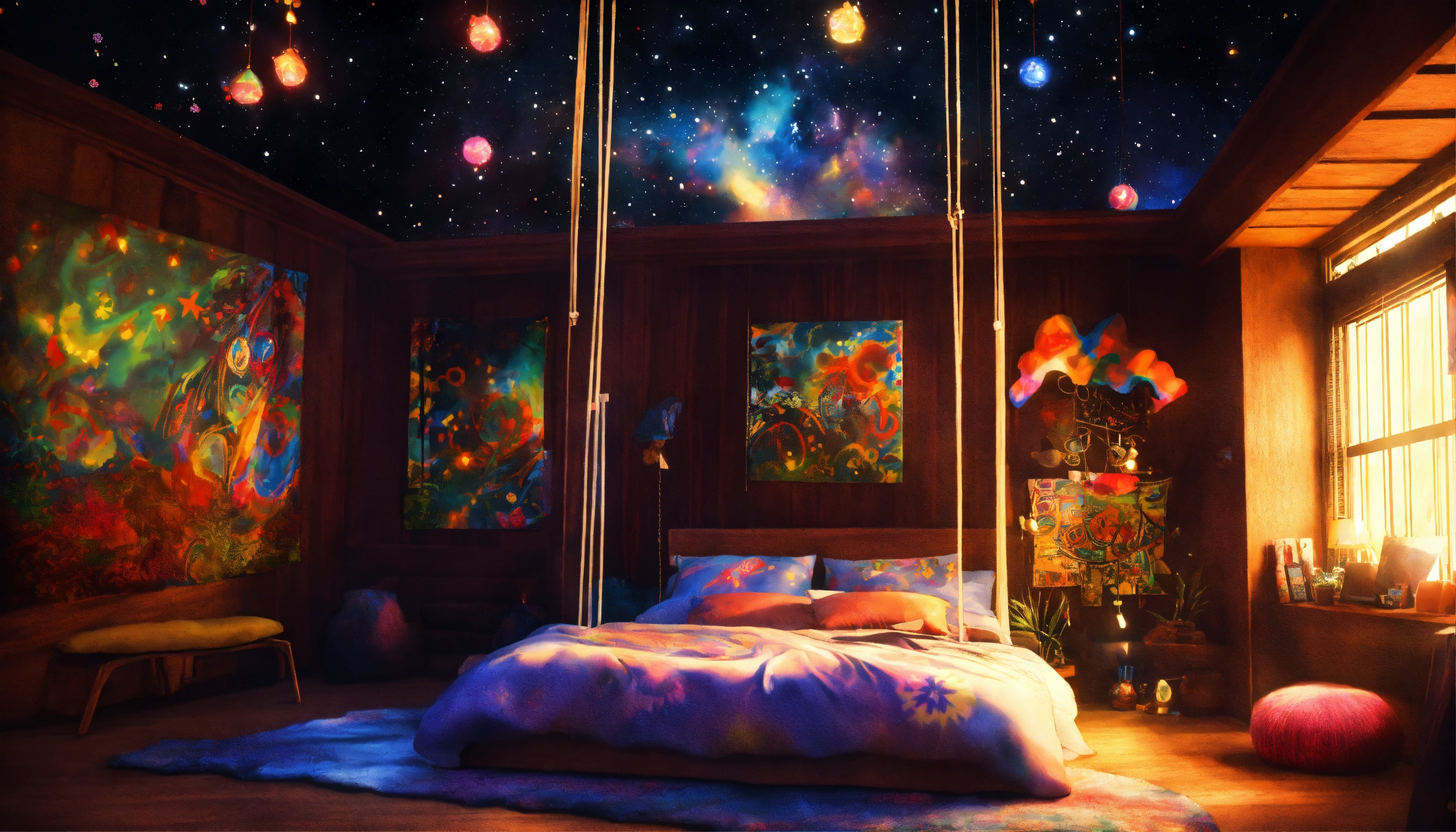 Lexica - Cute bedroom, dark wood, night star sky celing window, fluffy ...