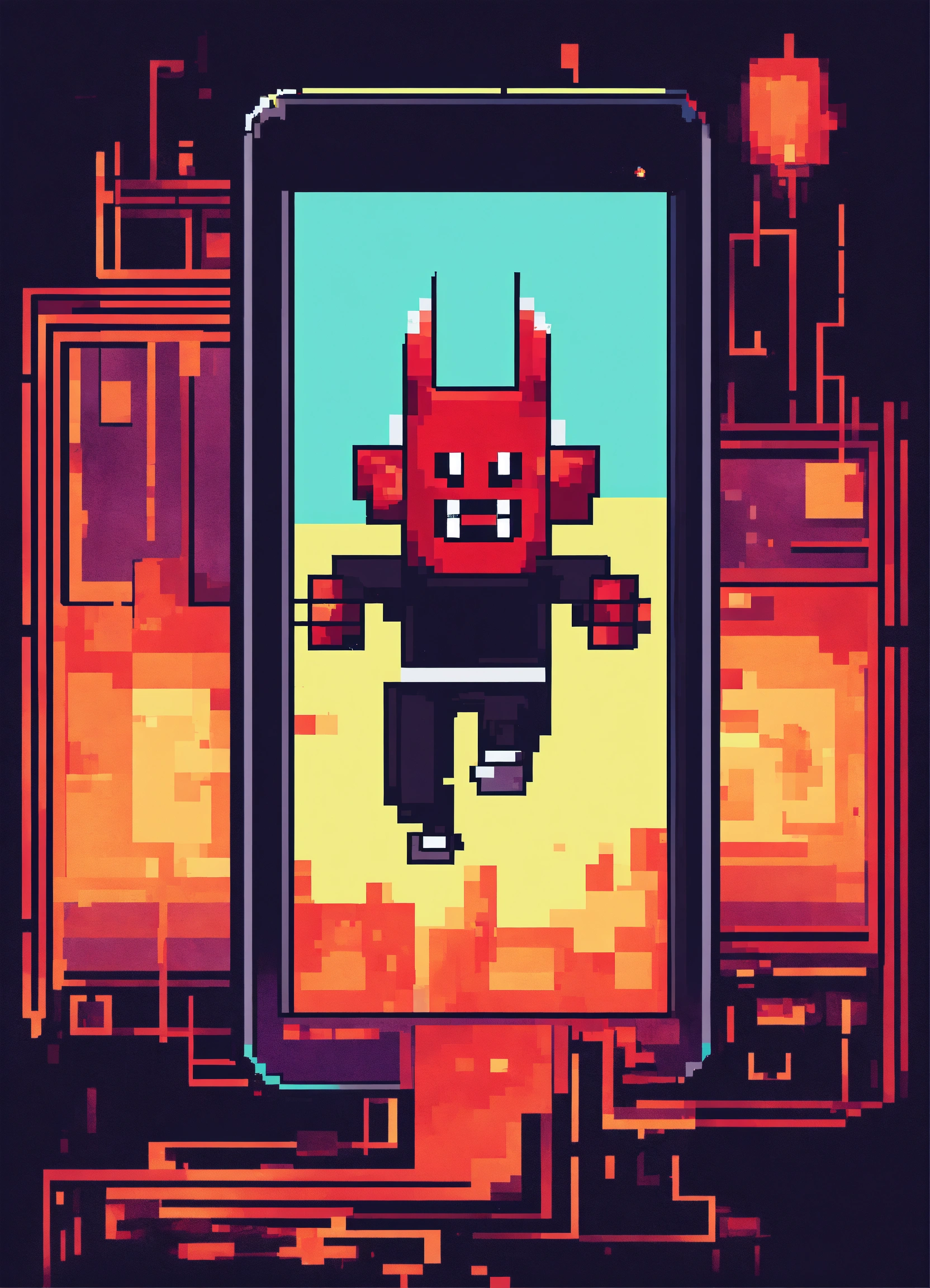 Lexica - Techno devil jumping upside down into smart phone screen 8bit ...
