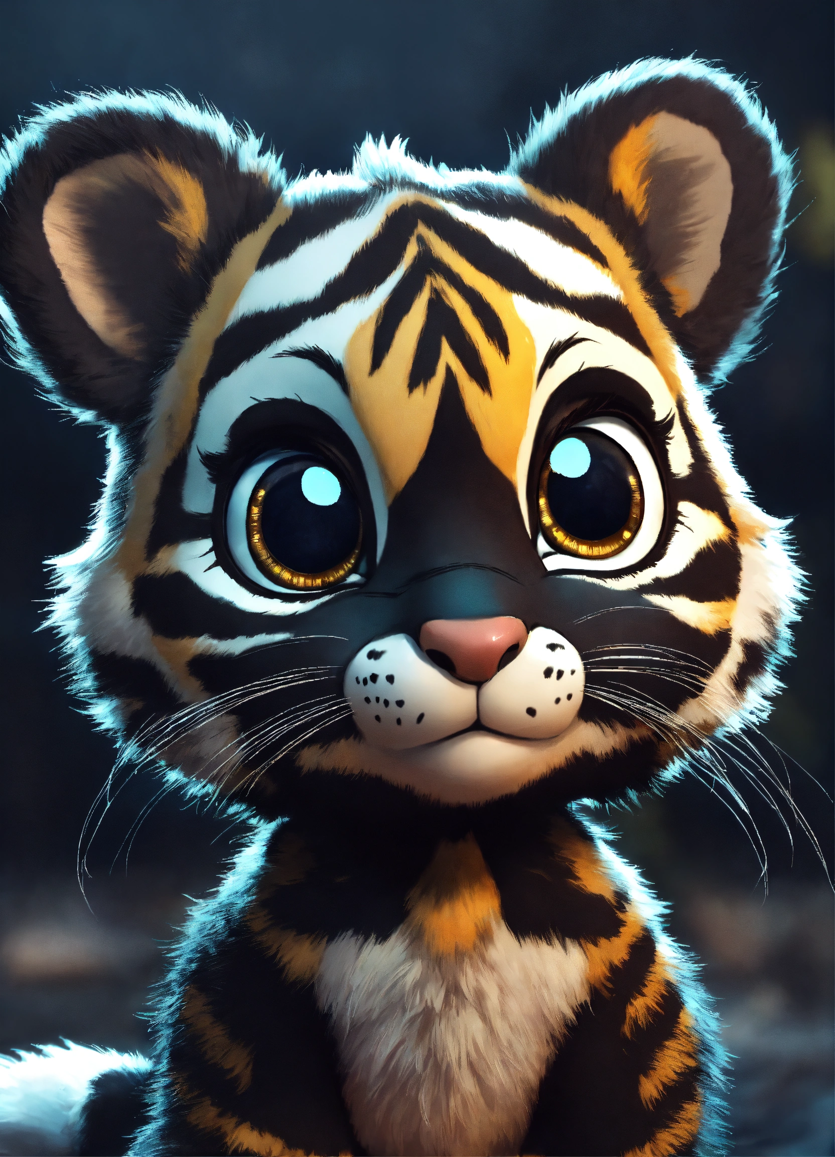 Lexica - A cute black baby tiger with big eyes, animated, cartoon, unreal.