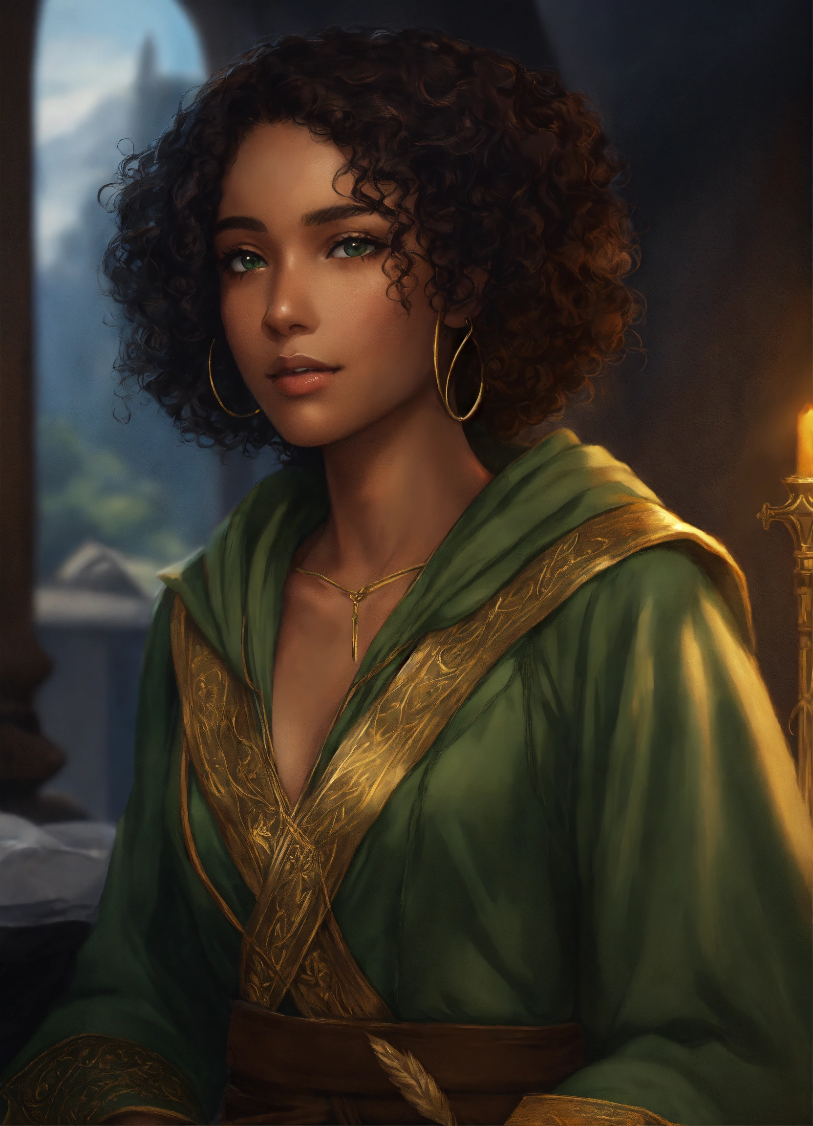 Lexica - Elf woman, short ears, curly hair, adventure, brown skin ...