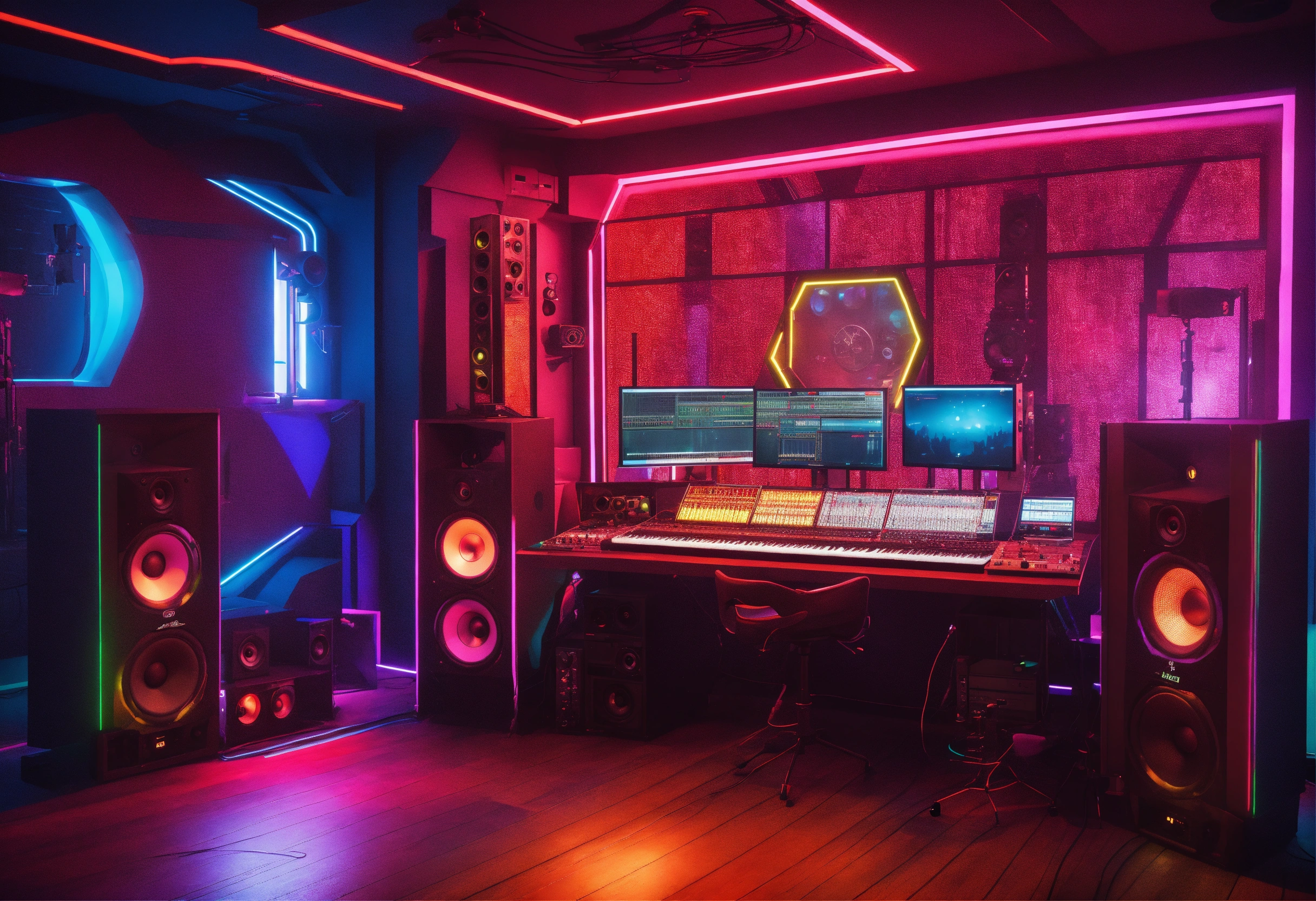 Lexica - Futuristic cyberpunk homey cozy recording studio, color, vivid ...