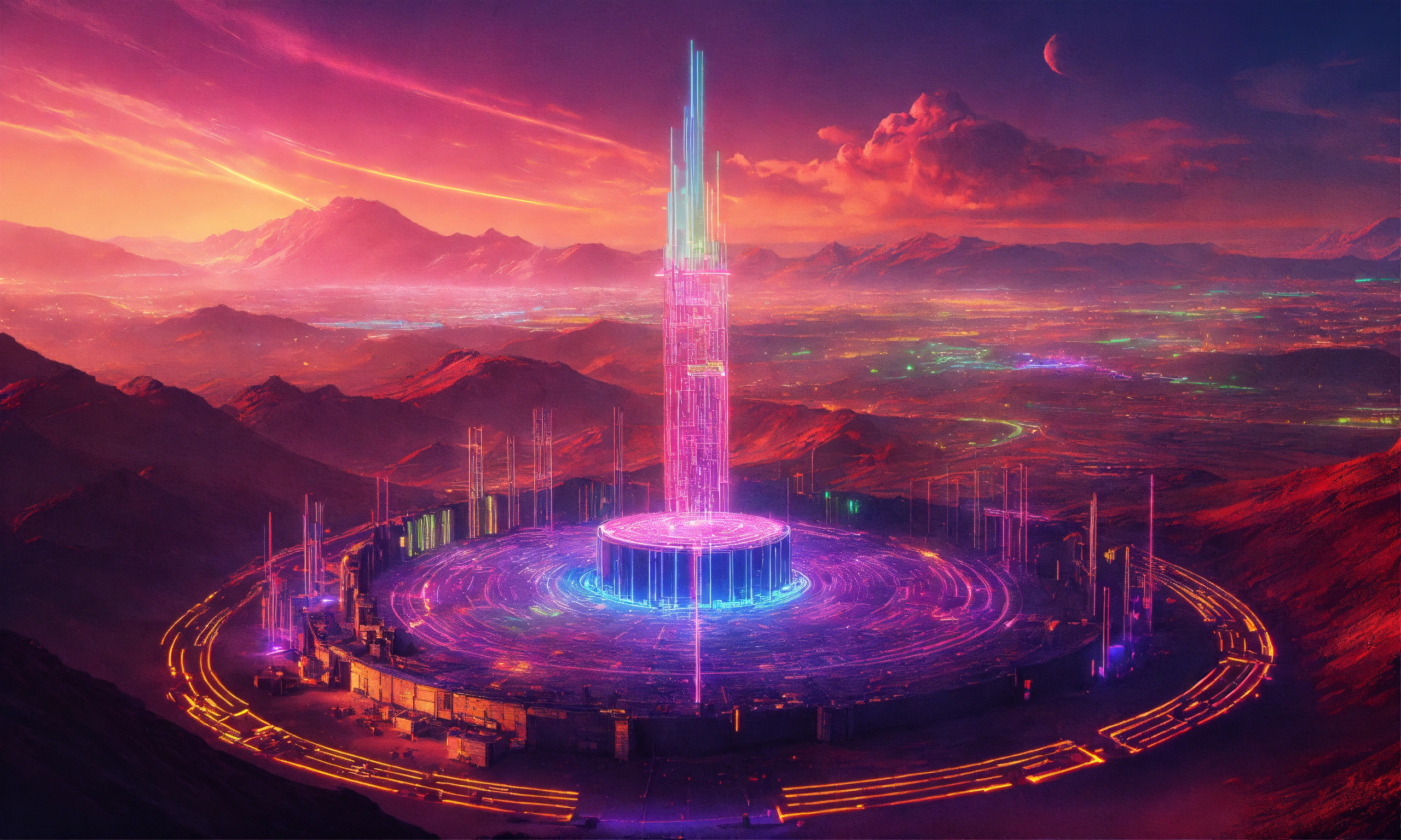 Lexica Towering fortress with digital circuit lines going up the