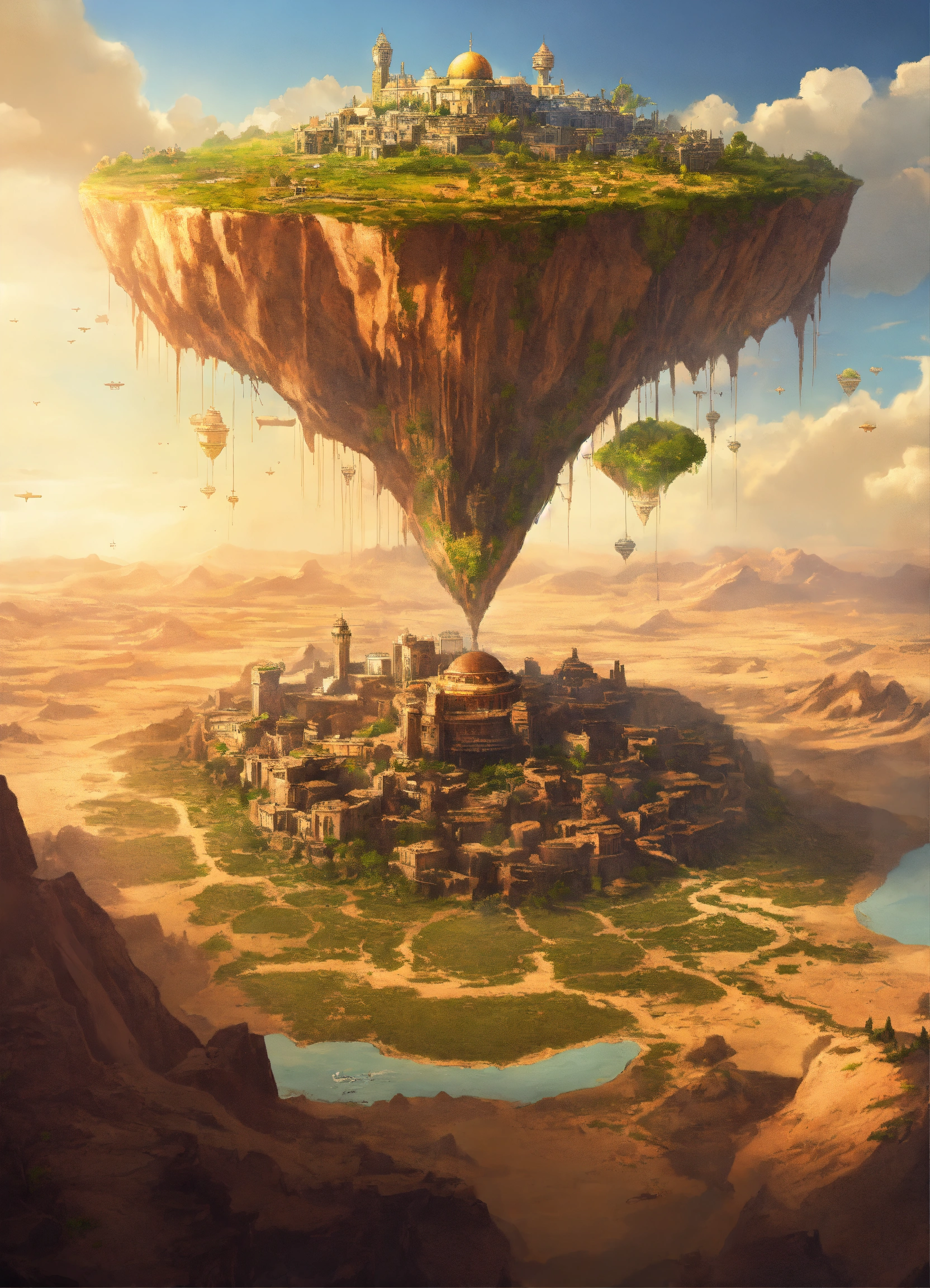 Lexica - A flying island with a city on top in the middle of the desert ...