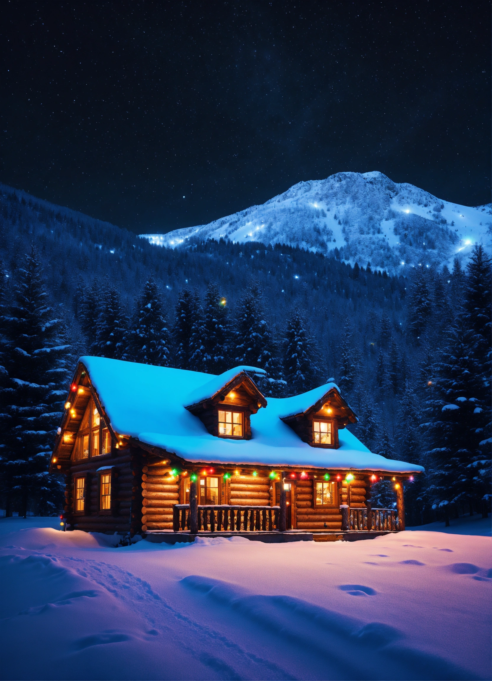 Lexica - Log cabin in the mountains with bright colorful Christmas ...