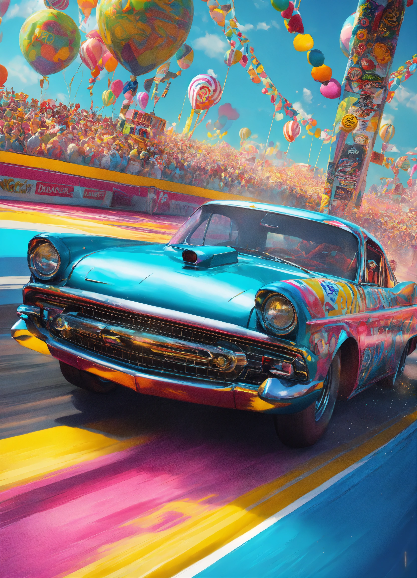 Lexica - A happy granny in a vintage drag racing car speeding down the ...