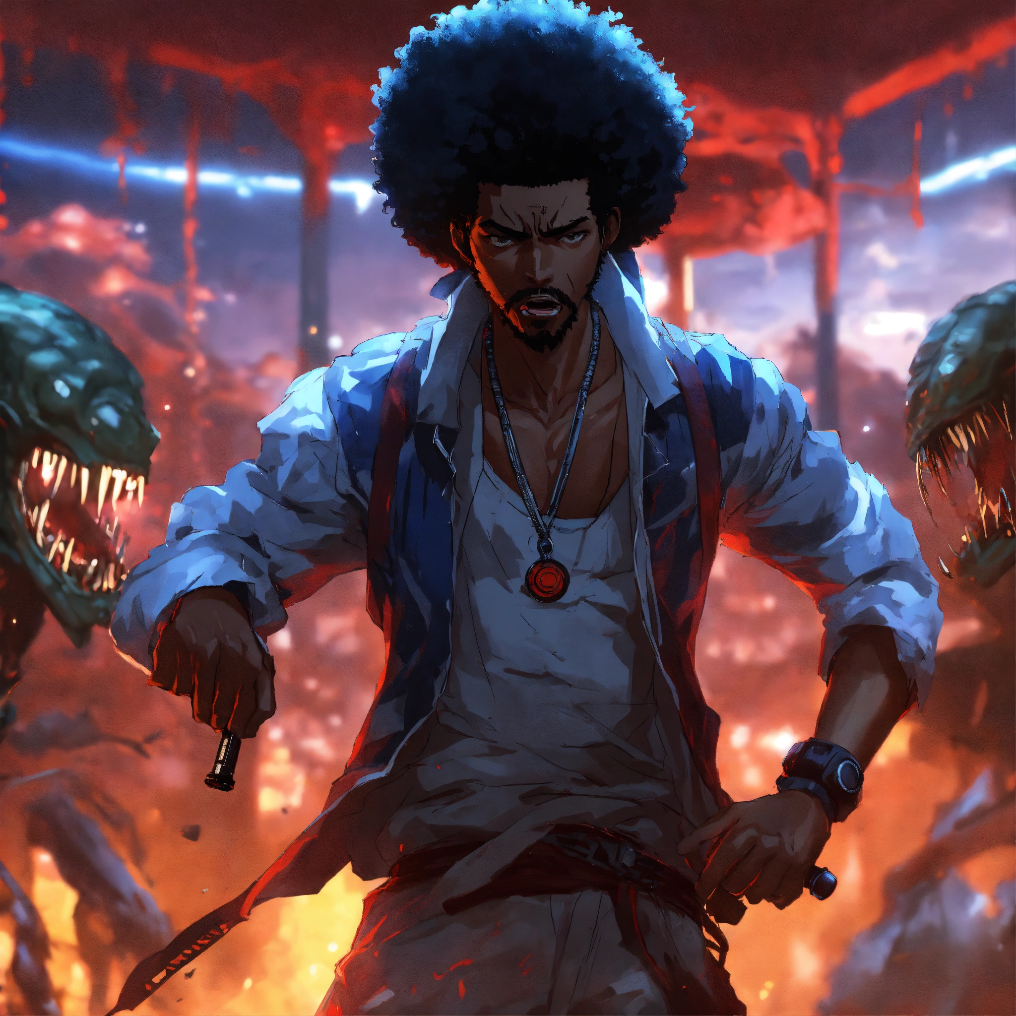 Lexica - Afro samurai anime, man rapping angrily on microphone with ...