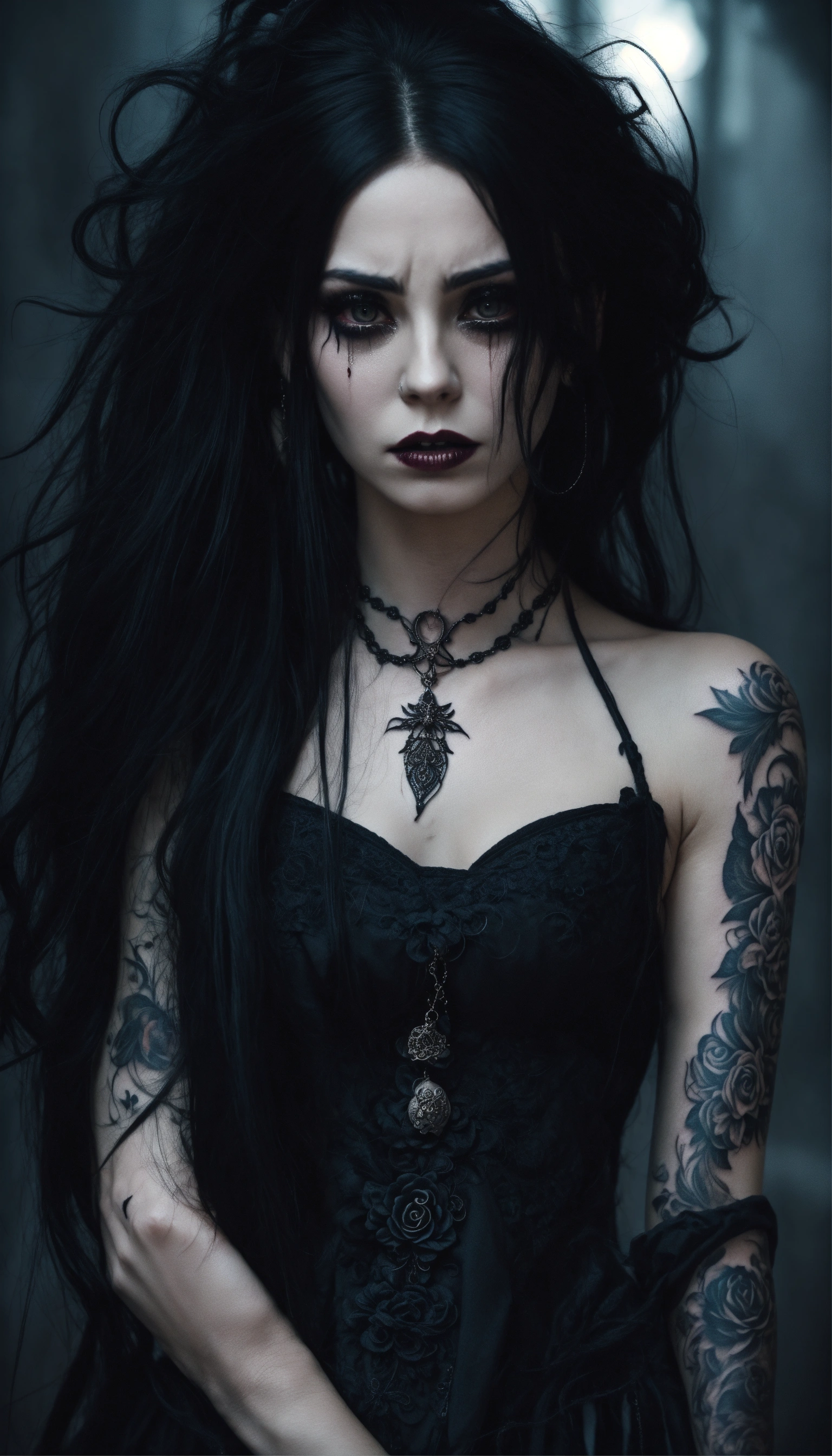 Lexica - A scary girl, close up face, pale skin, long crazy black hair ...