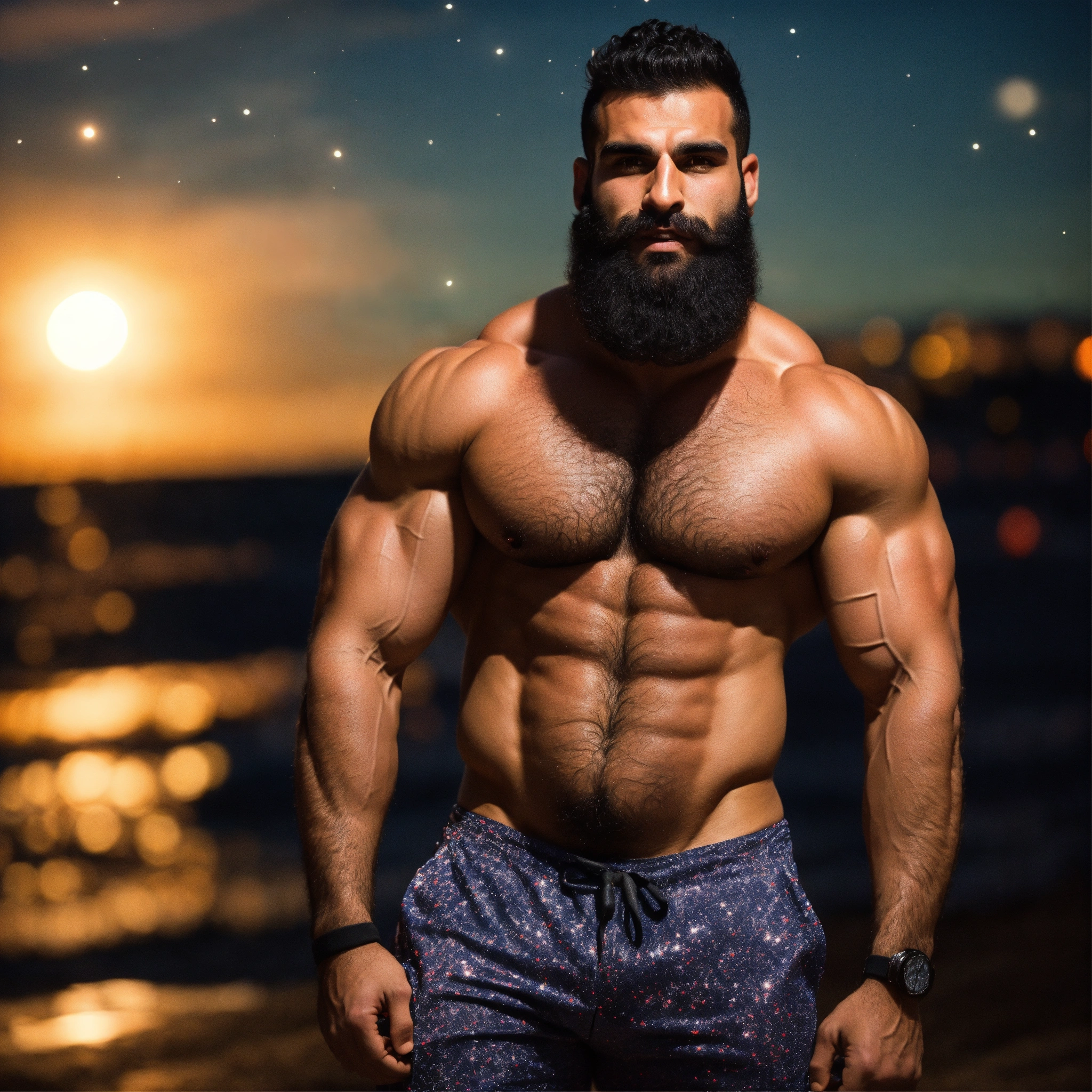 Lexica - 30-year-old hairy Lebanese man with big muscles, big bodybuilder,  body like a wrestler, at a party on the beach at night