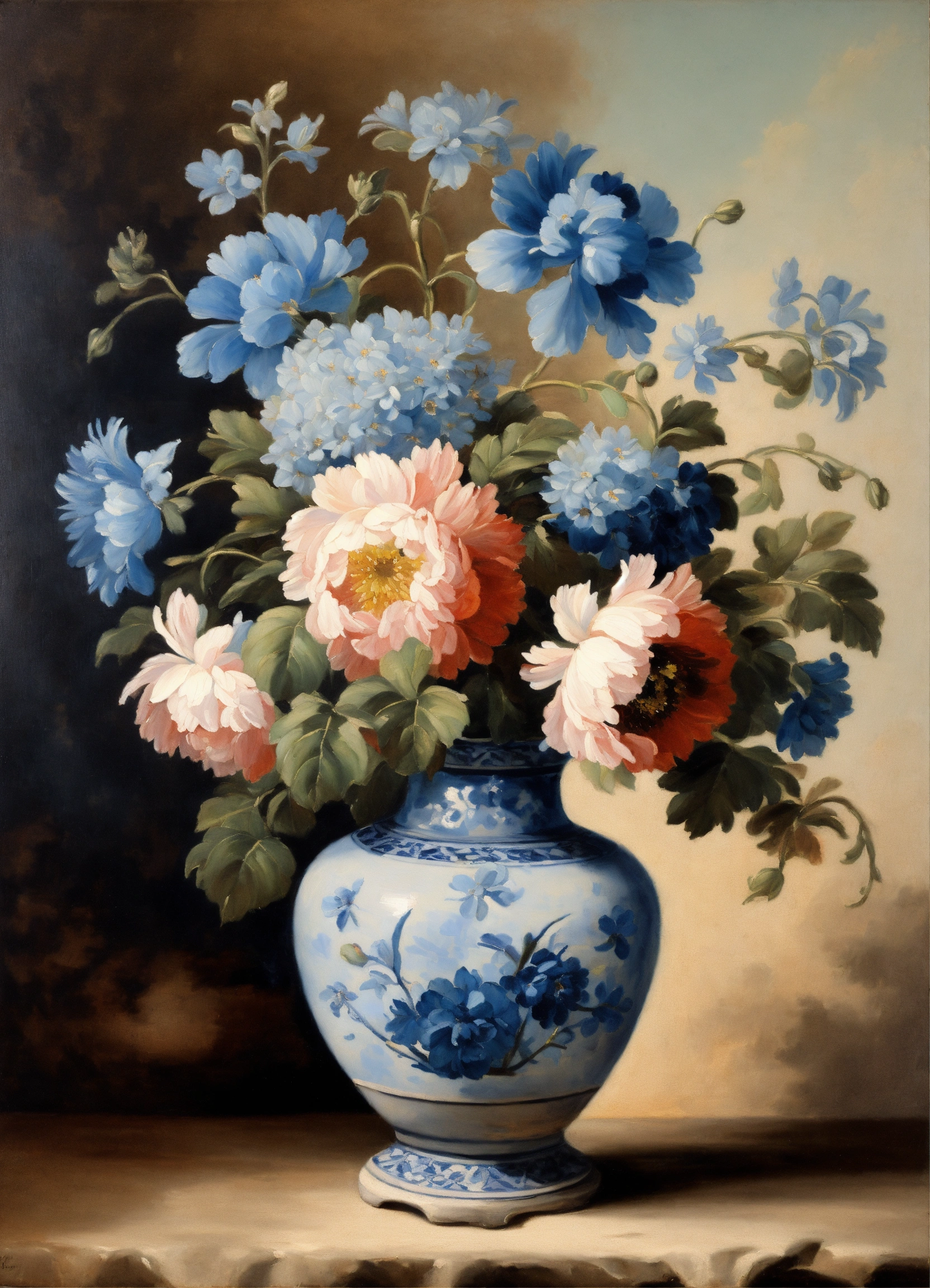 Lexica - French vintage oil painting of blue flowers in delftware vase ...