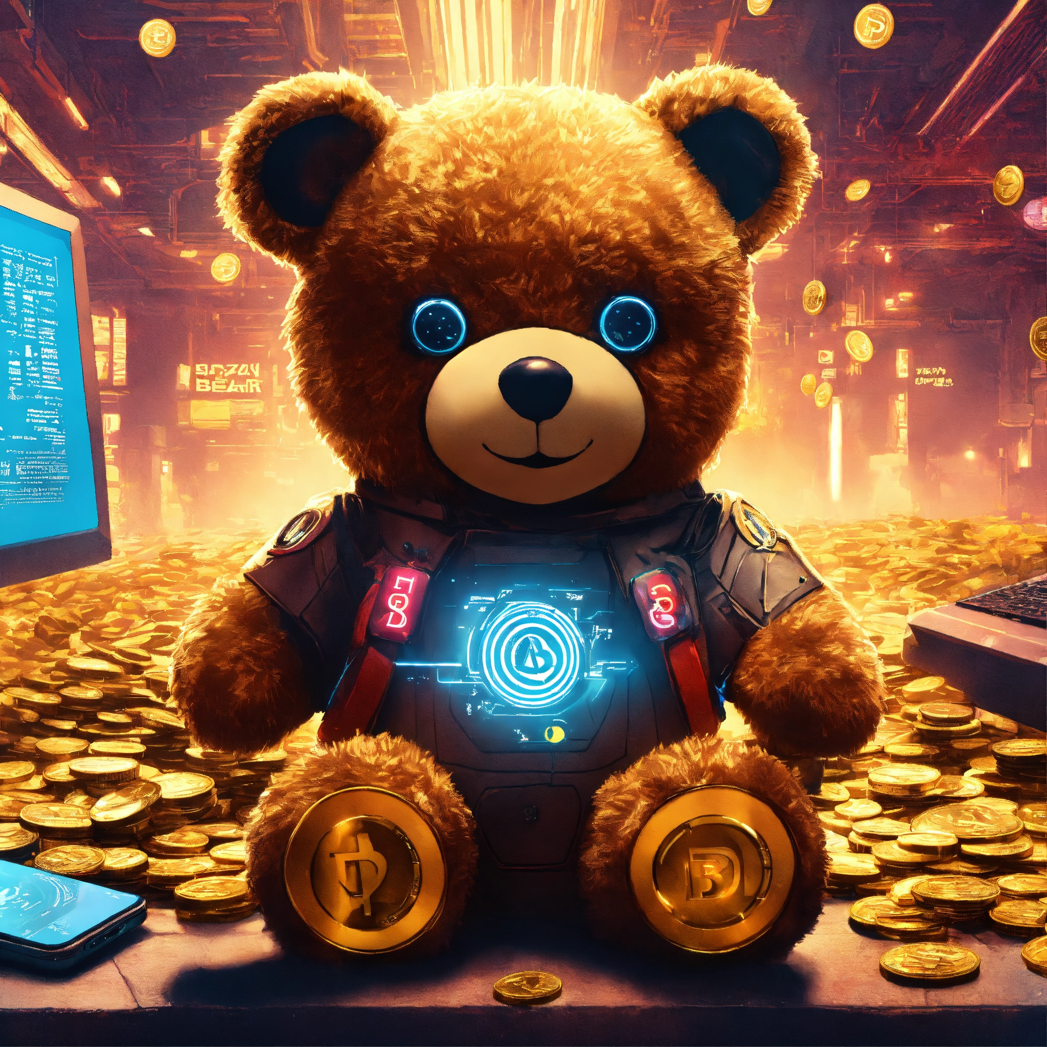 Lexica - Cyberpunk advertising poster of teddy bear , surrounded by ...