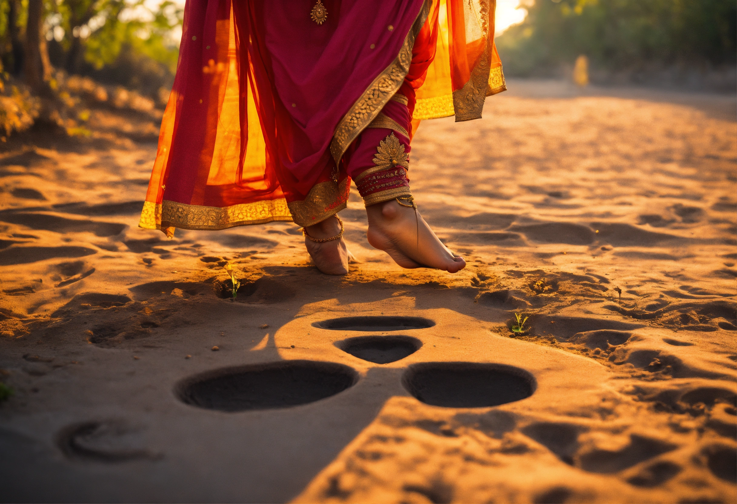 Lexica - Indian goddess Radha's footprint with walking , 8k
