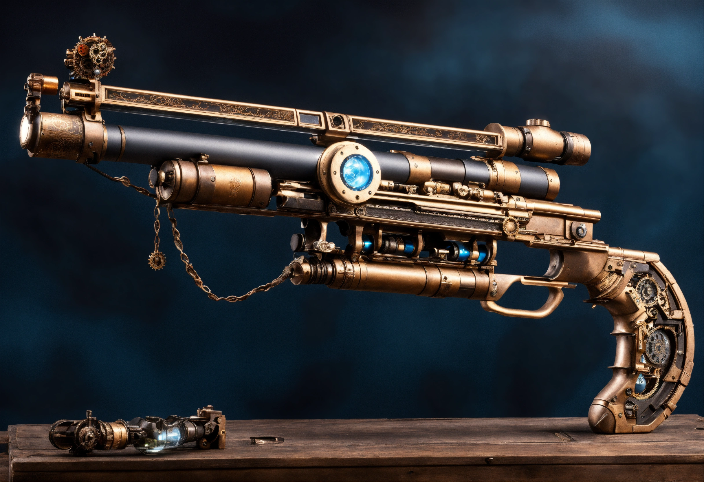 Lexica - Side view of the full image of a steampunk energy rifle