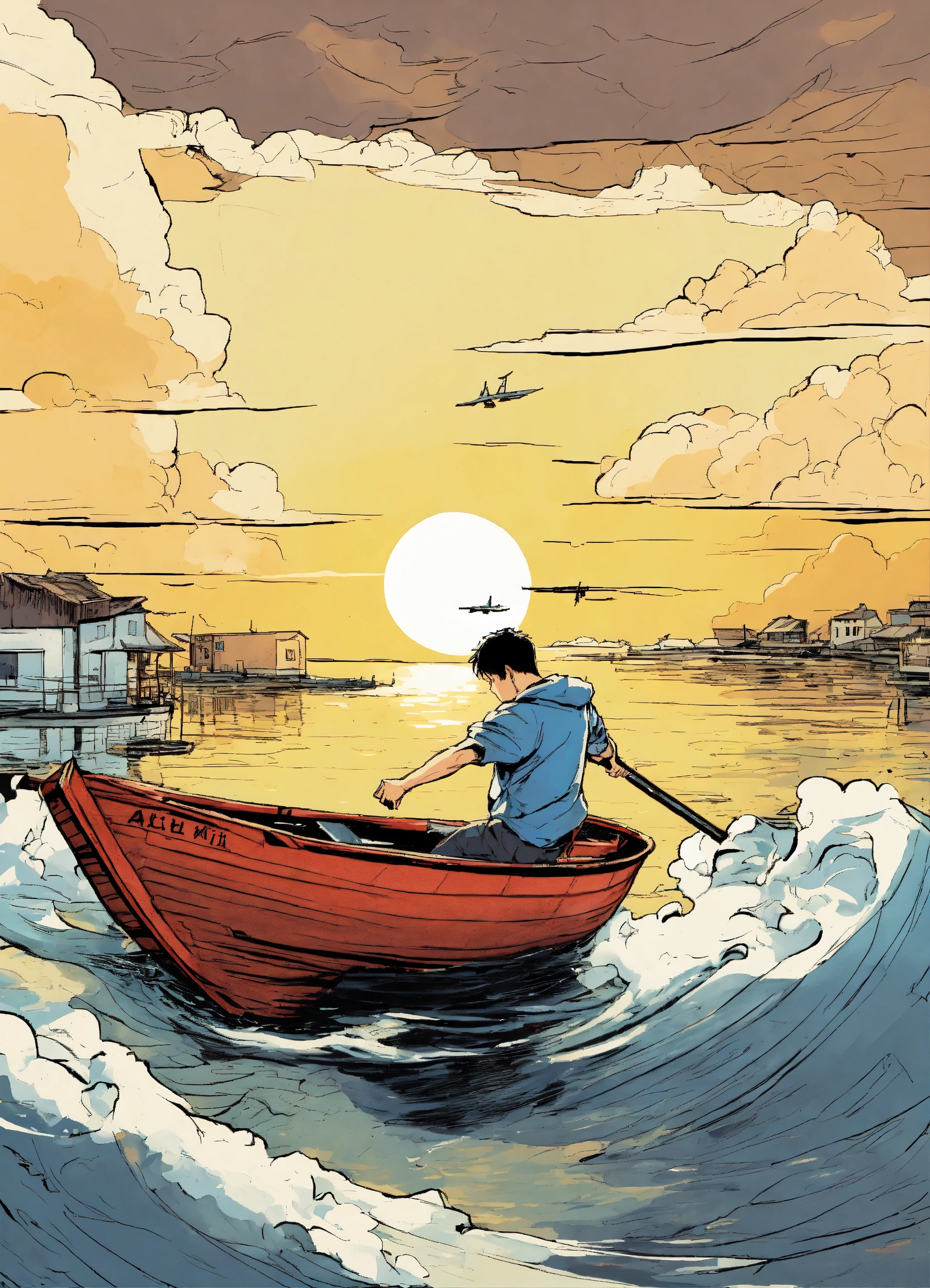 Lexica - Draw a picture in a comic book style, a broken boat, water ...