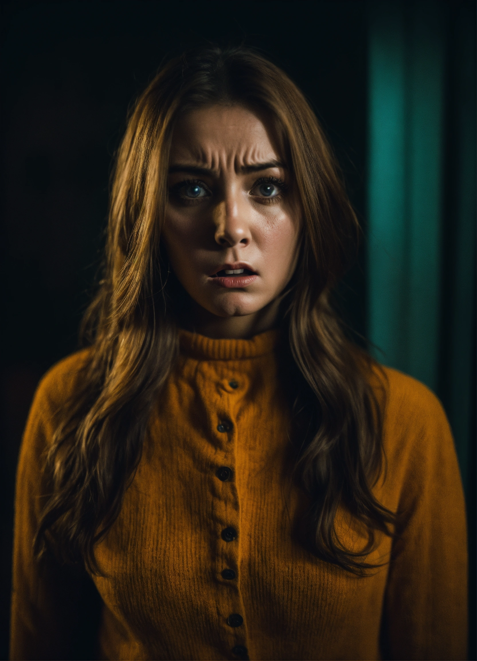 Lexica - A woman looking scared. Hearing scary voices. Paranormal.