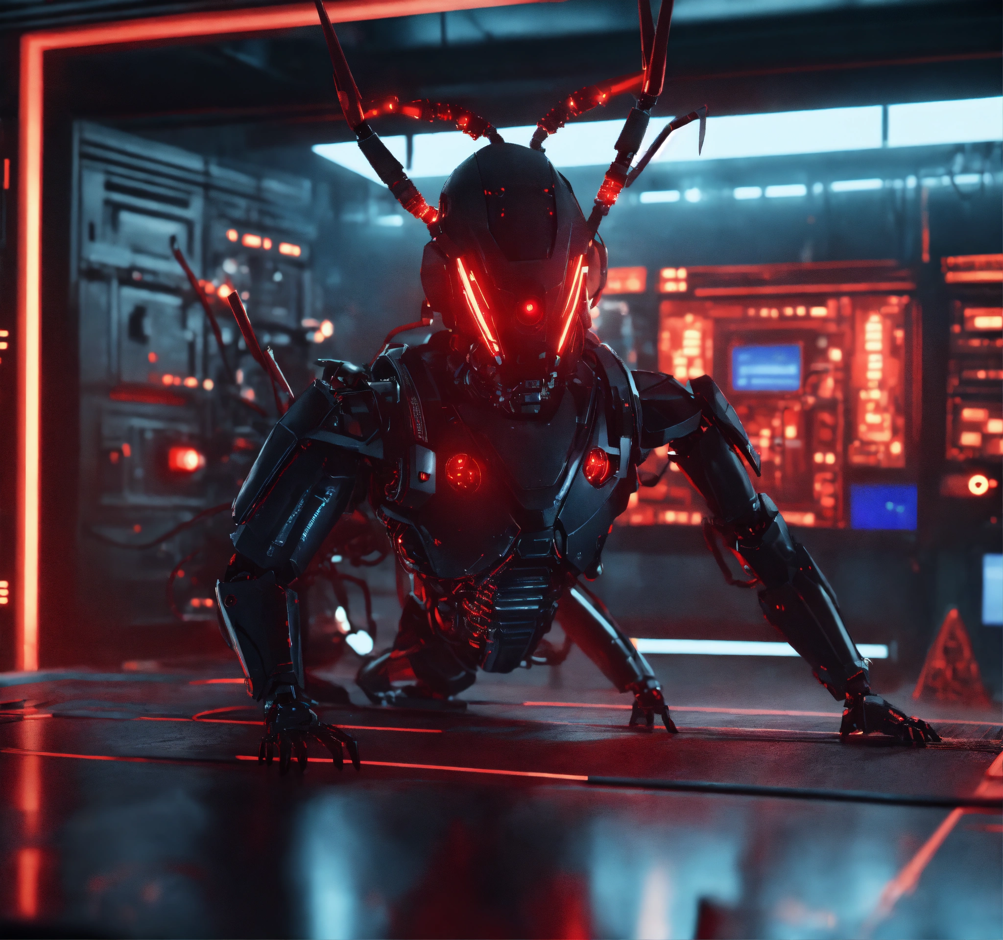 Lexica - Zoom out of black cockroach faced humanoid with red glowing ...