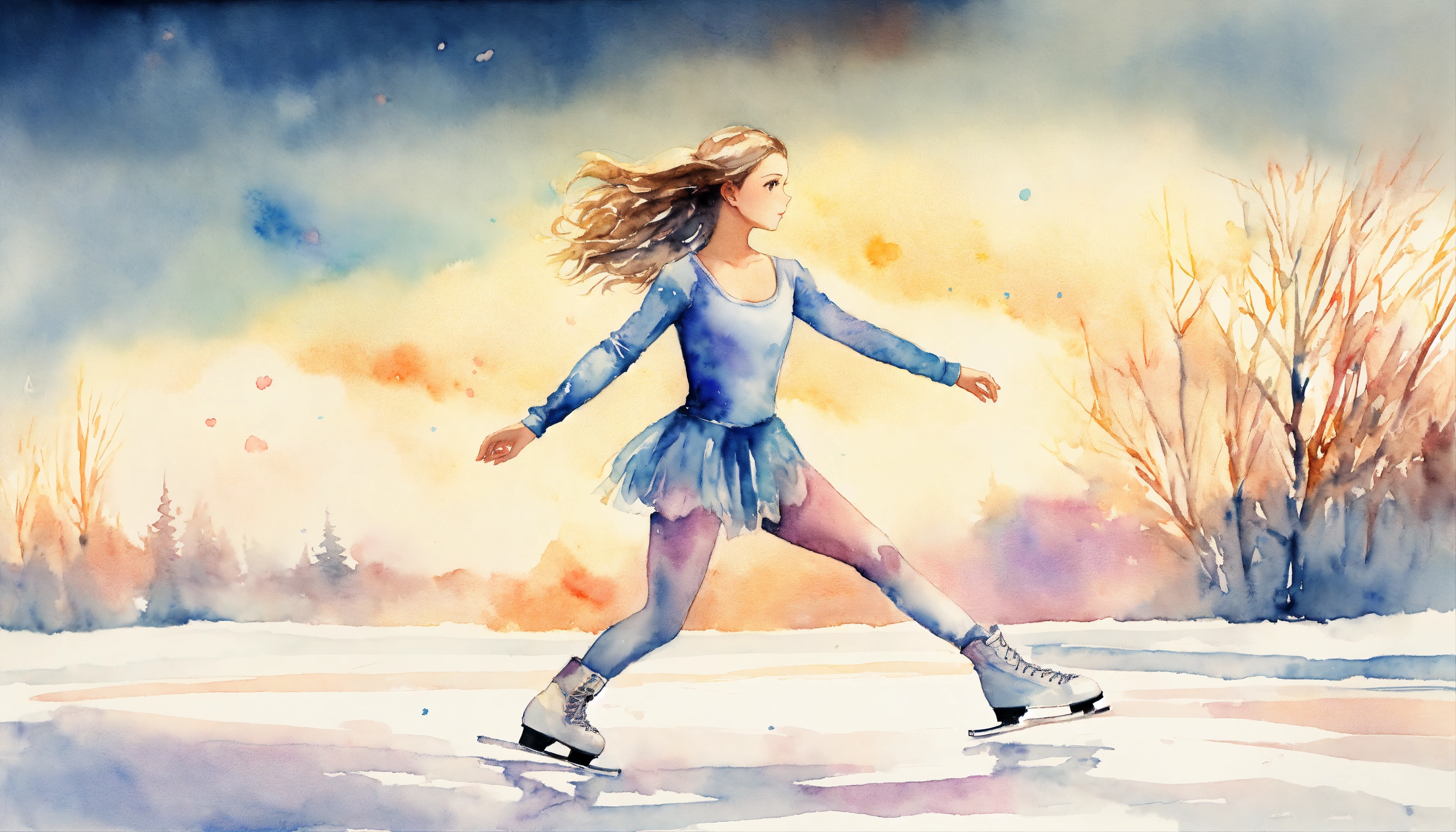 Lexica - Full body watercolor of a young female ice skater, soft colors ...