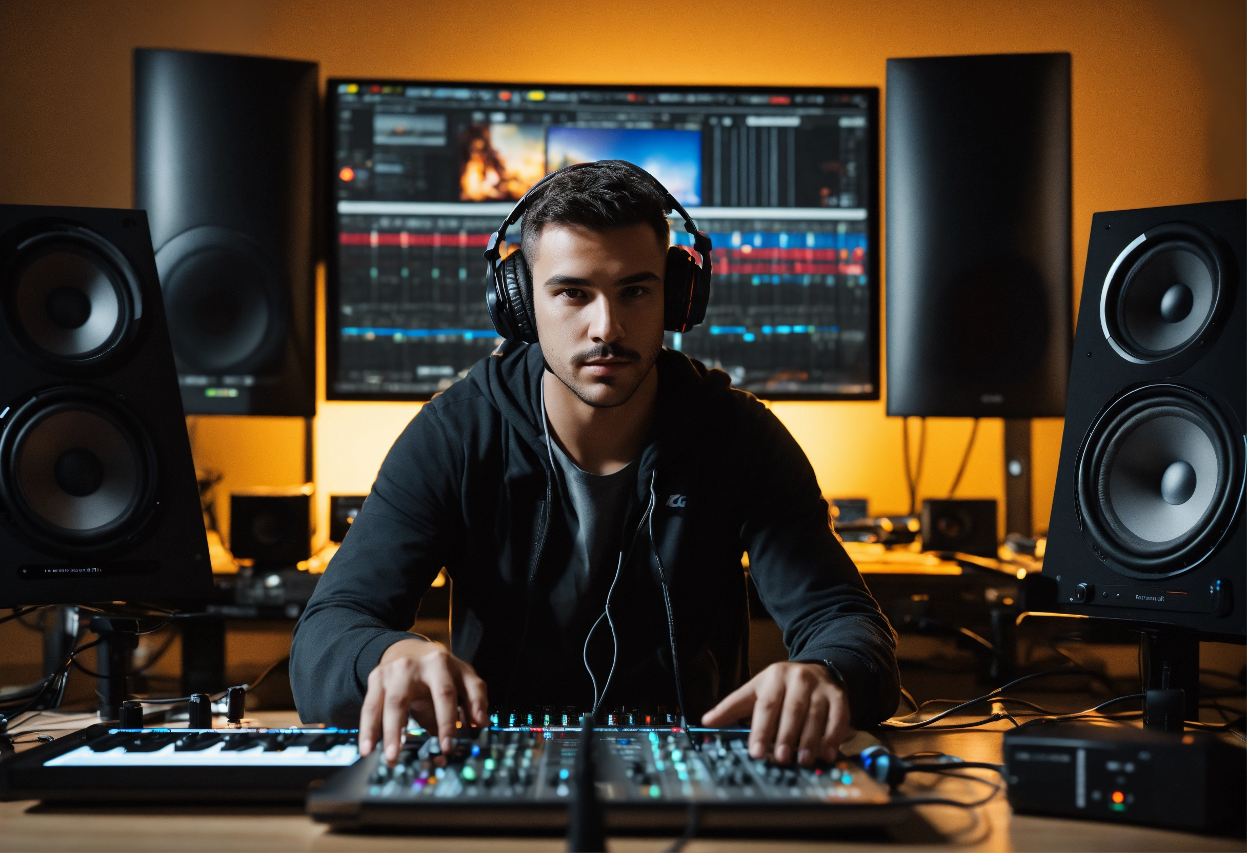 Lexica - Photo a sound engineer at a computer - a person is sitting at ...