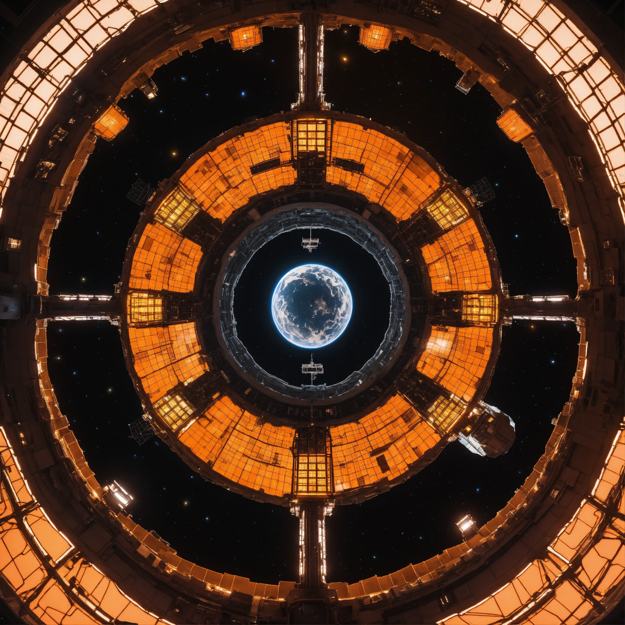 Lexica - Entire giant orange space station in dark space from top with ...