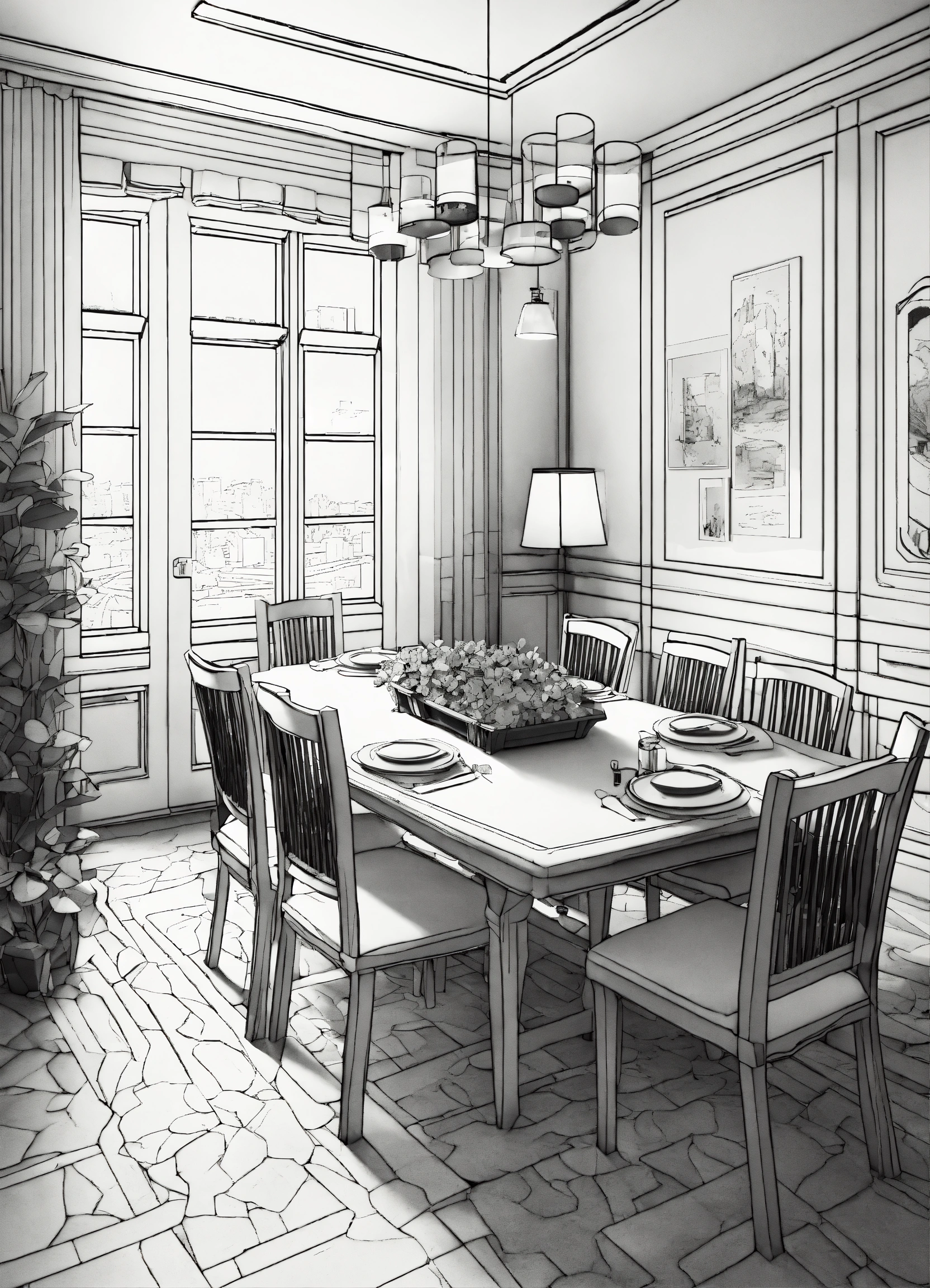 Lexica - Coloring book page, isometric dining room, 3d art, black and ...