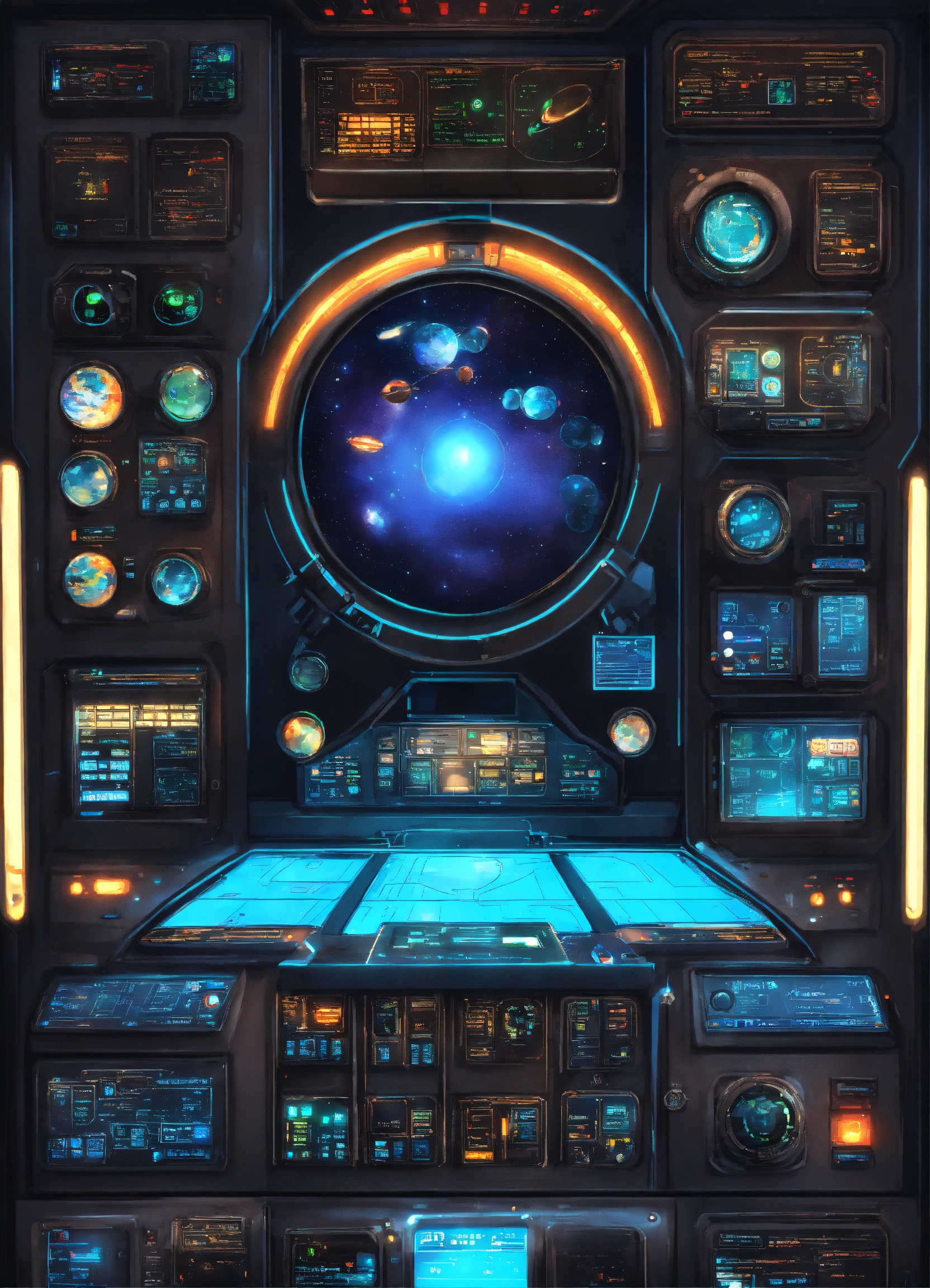 Lexica - Spaceship, control panel. Realistic space view