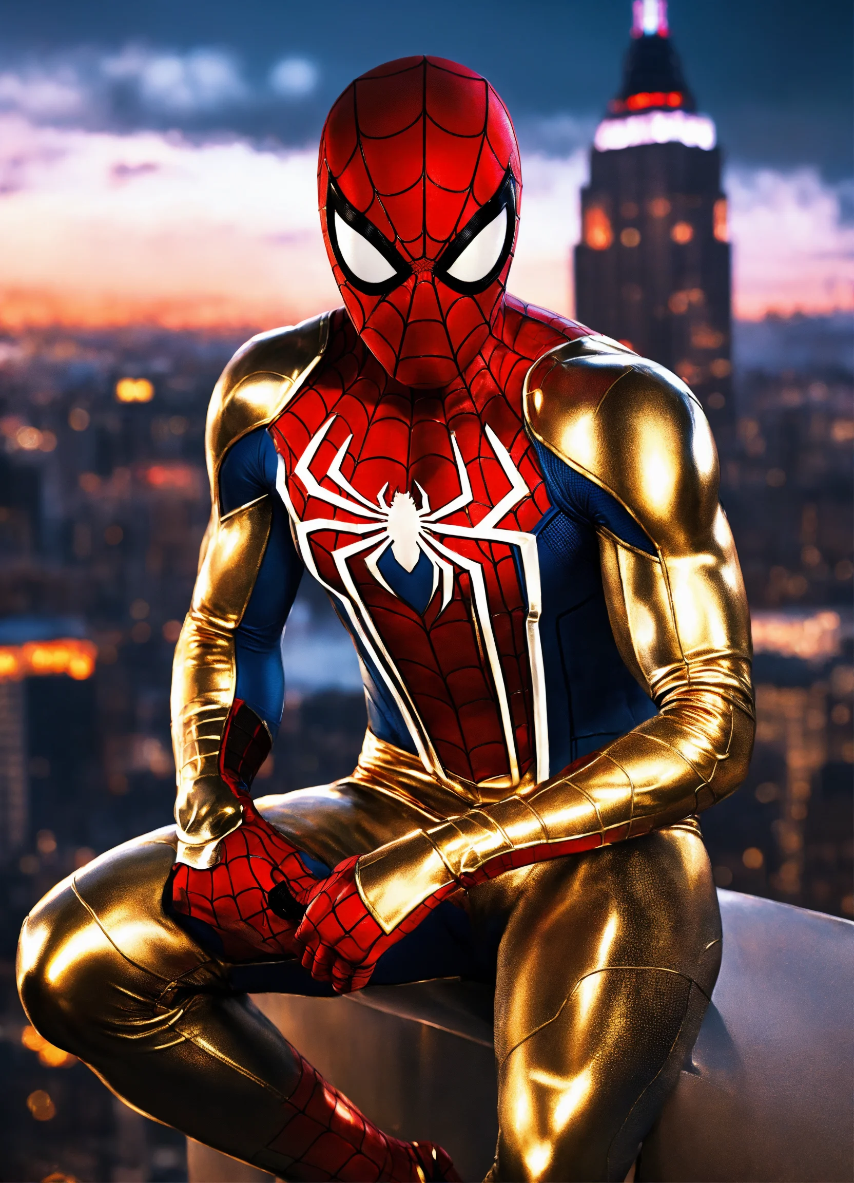 Lexica - Portrait painting of Spider-Man wearing a gold metallic suit ...