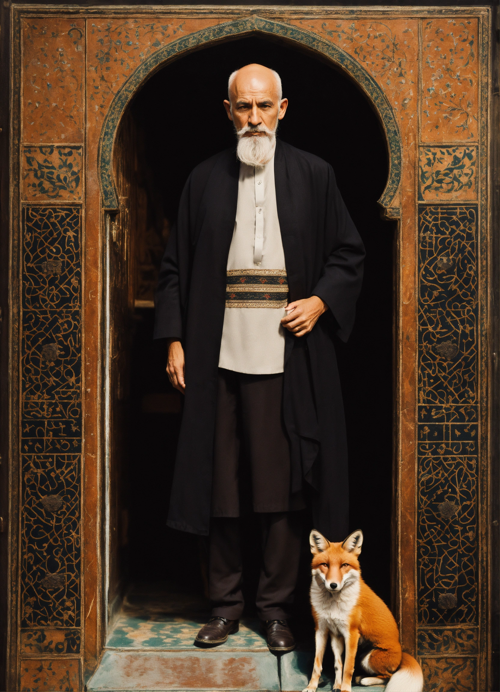 Lexica - Old, skinny man, with white hair, little bald, wearing black suit,  arabic race,smelling the fox