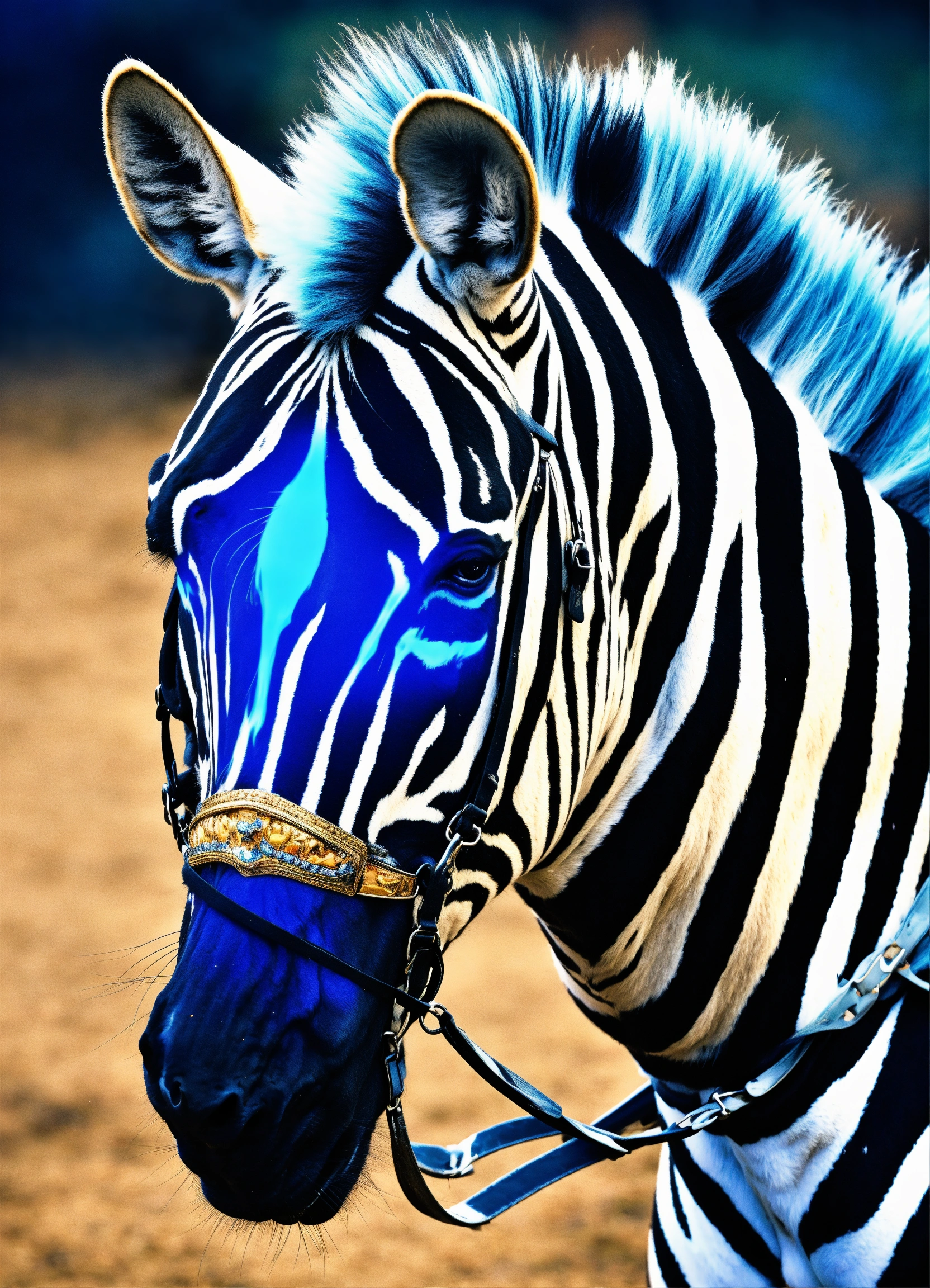 Lexica - Zebra with riding gear, with a mane and tail of blue flame